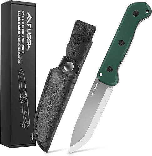 FLISSA Cuchillo de hoja fija de 9 pulgadas, cuchillo de caza de acero D2 para campamento, al aire libre, bushcraft y supervivencia, mango de