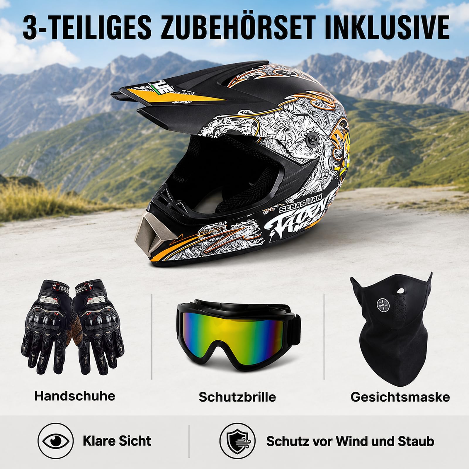 Crosshelm Motocross Helm Set mit Zubehör, Offroad ABS Dirt Bike ATV Quad | ABS Vollvisierhelm für Dirt Bike ATV Quad Enduro, 3-teiliges Zubehörset, 4 Belüftungsbereiche, abnehmbare Ohrpolster
