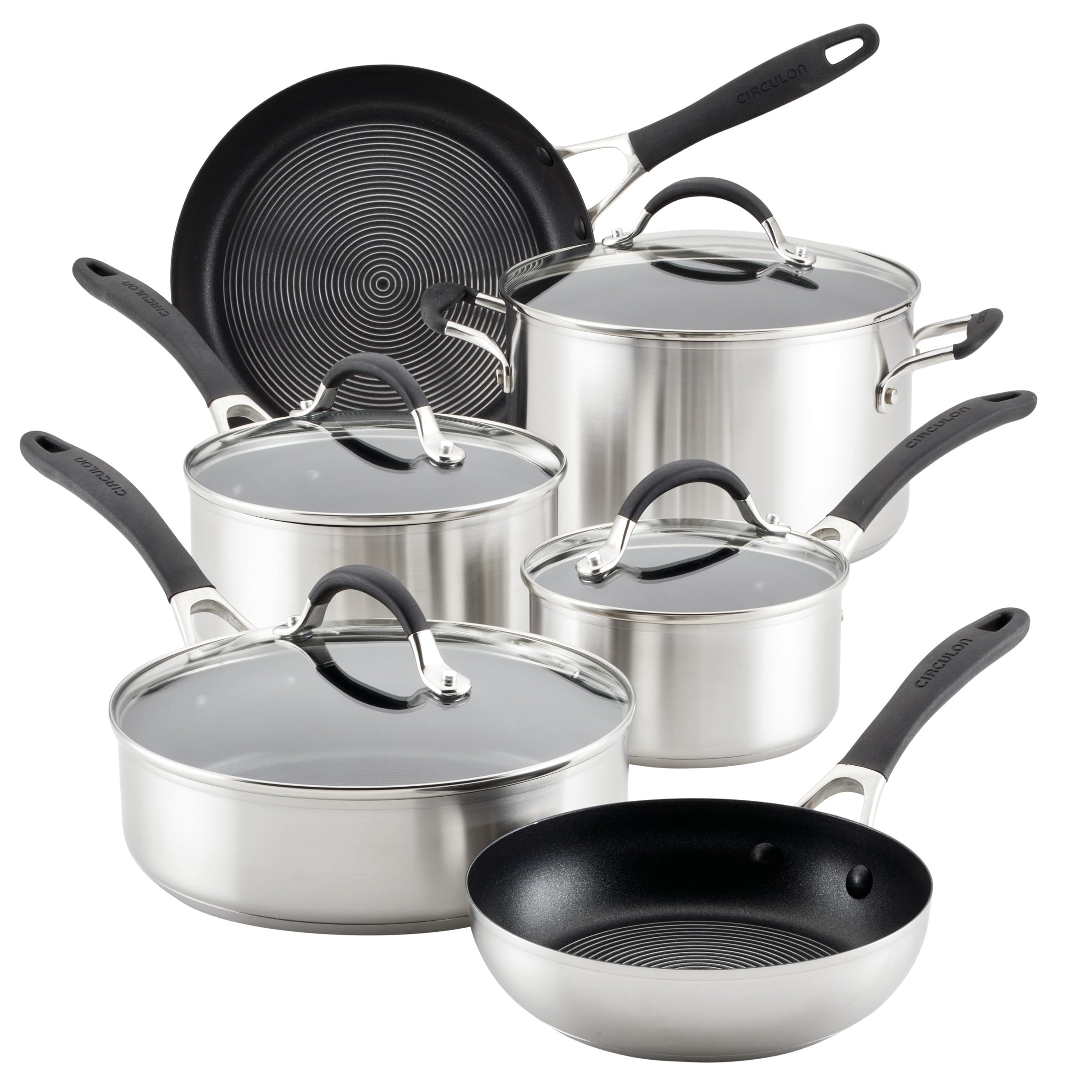 CirculonSteelShield Induction Pots and Pans with SteelShield Hybrid Stainless and Nonstick Technology, 10 Piece Cookware Set, Metal Utensil Safe - Stainless Steel