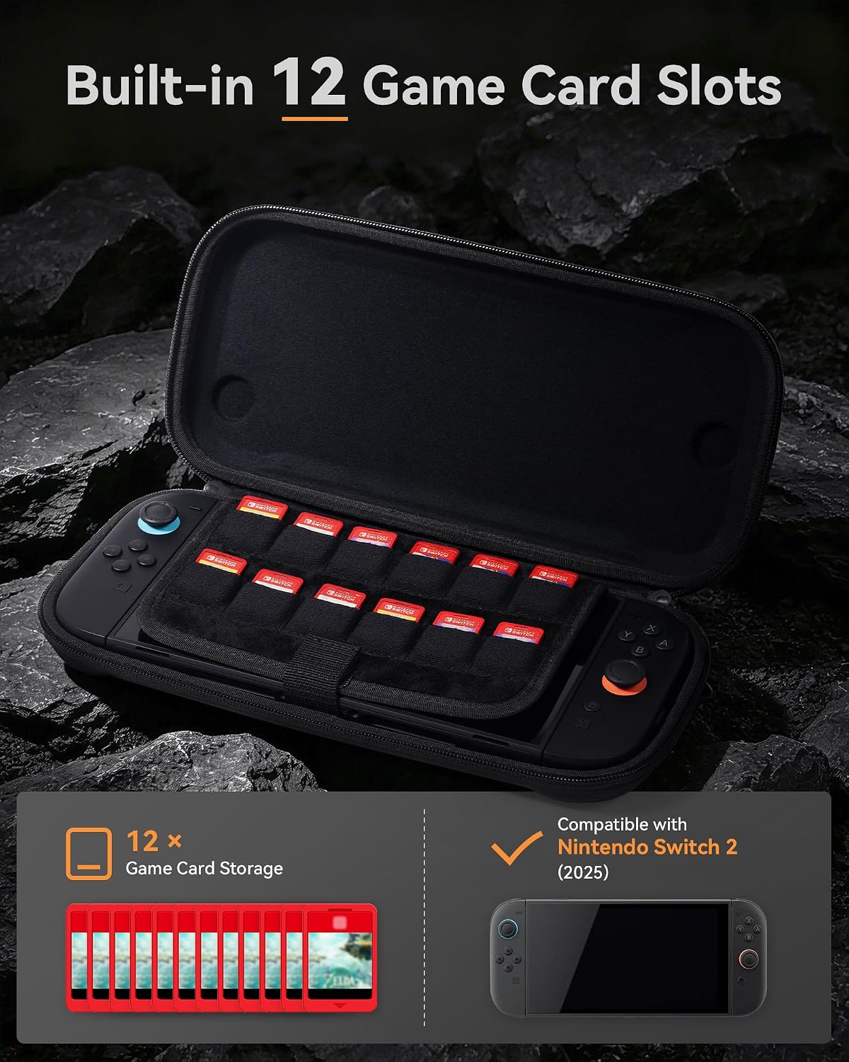 Slim Switch 2 Carrying Case, Protective Hard Shell Case with 12 Game Card Slots, Portable Lightweight Travel Case for Switch 2 with Military-Grade Protection, Soft Inner Screen Cover, Tactical Style image 2