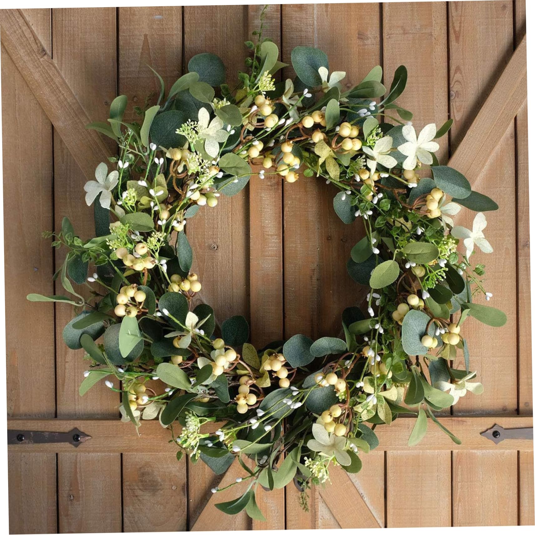 Latemeia Green Eucalyptus Wreath With Flowers & Berries 20" Artificial Spring Wreath Decorative Realistic Hanging Spring Wreaths For Front Door Wall Wedding Window, Decoración Del Hogar
