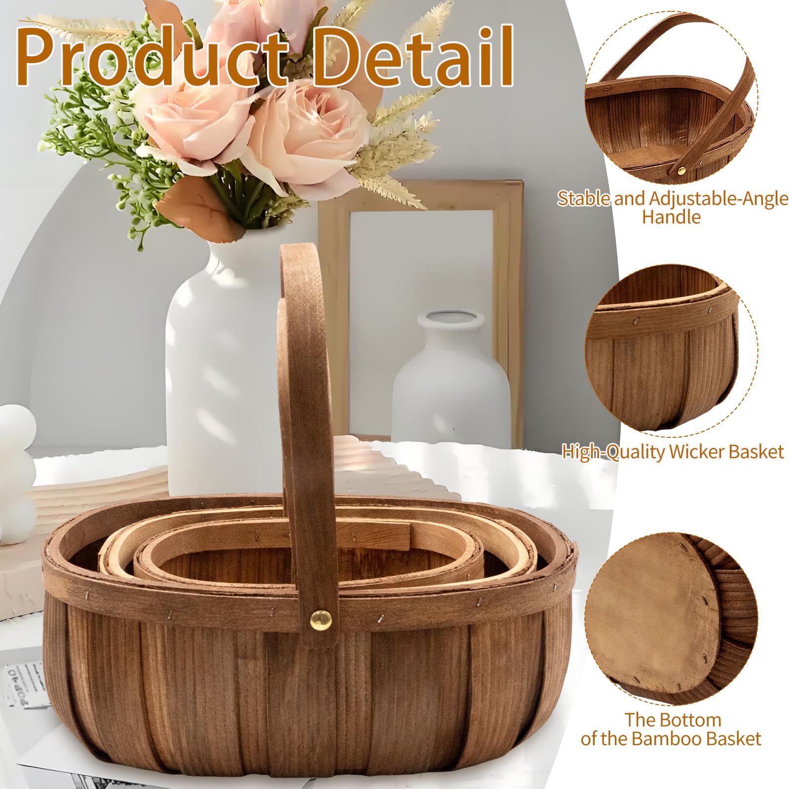 Paquete de 3 cestas de madera para pan, cesta de picnic tejida a mano con asas, organizador de almacenamiento para verduras, frutas, bodas, 3 tamaños
