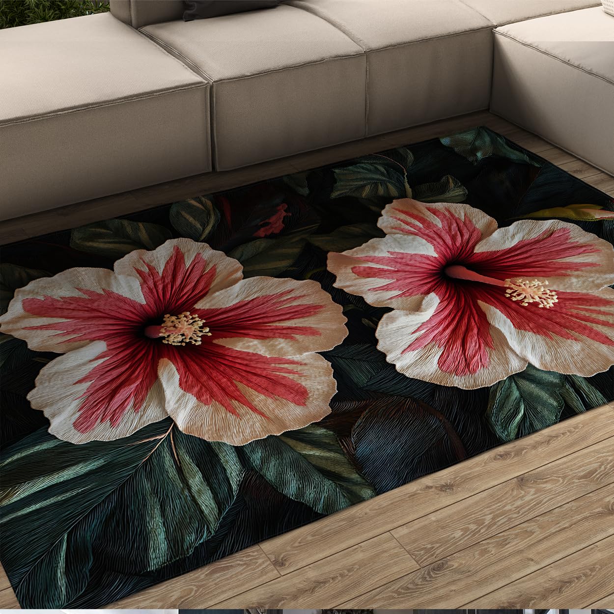 Tapis 140x200cm lavable à motif hibiscus rouge et blanc pour salon