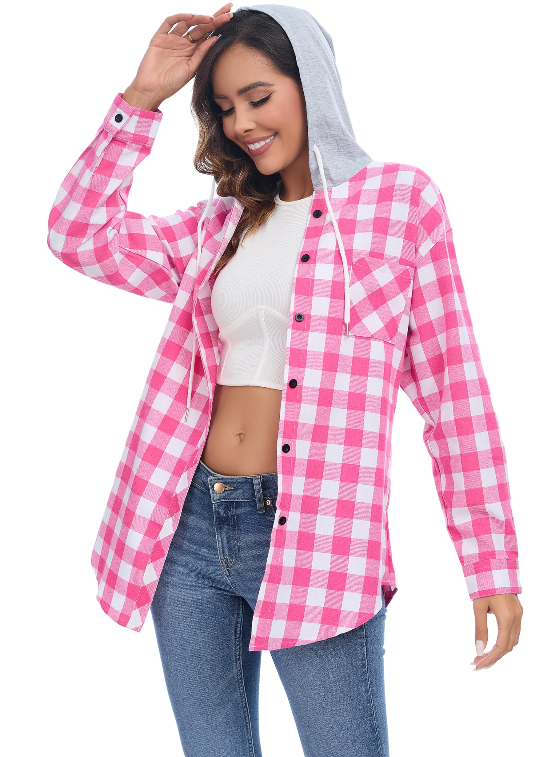 Women's Plaid Flannel Shirts Hoodie Long Sleeve Oversized Shirt Jacket Button Down Blouse Tops