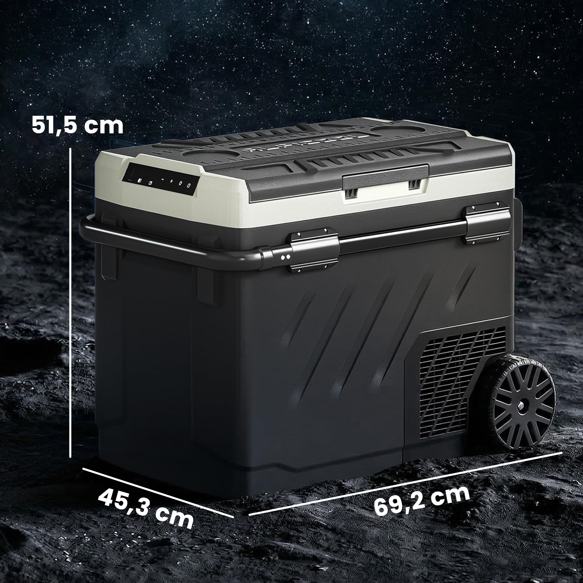 Outsunny Nevera Portátil Eléctrica 49L 12/24/240V Refrigerador de Coche con Compresor Doble Zona Control por App Luz LED Pantalla Modos ECO y MAX de -20℃ a +20 ℃ Asa Telescópica Ruedas y Puerto USB
