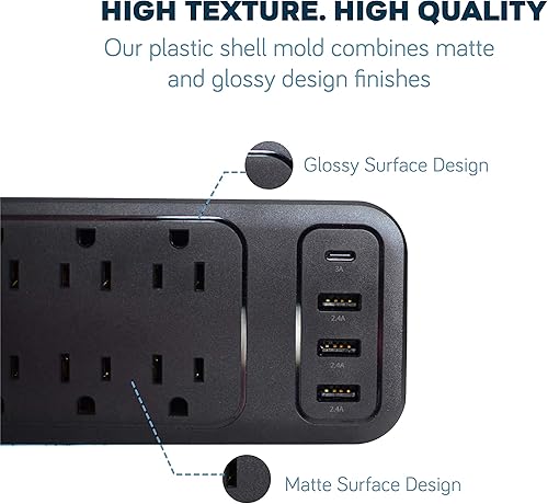 Miniatura 8 de Protector de sobretensiones USB-C y 10 salidas de CA, 3 USB y 1 USB C, puertos de carga rápida, negro, cable de extensión de 6 pies de enchufe