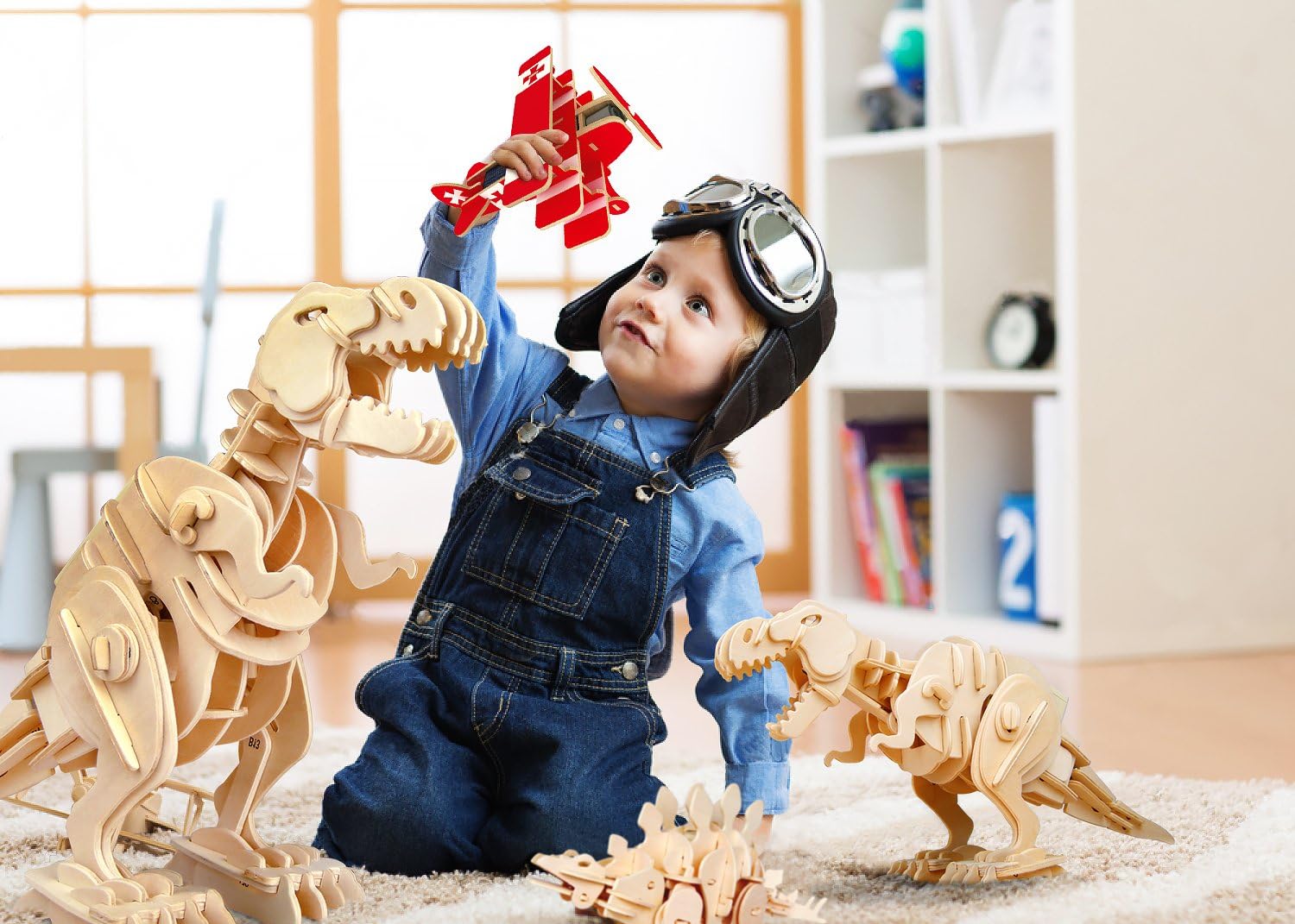 ROBOTIME پیاده روی ترکس دایناسور سه بعدی پازل کیت کاردستی چوبی - ربات کنترل صدا مدل تی رکس