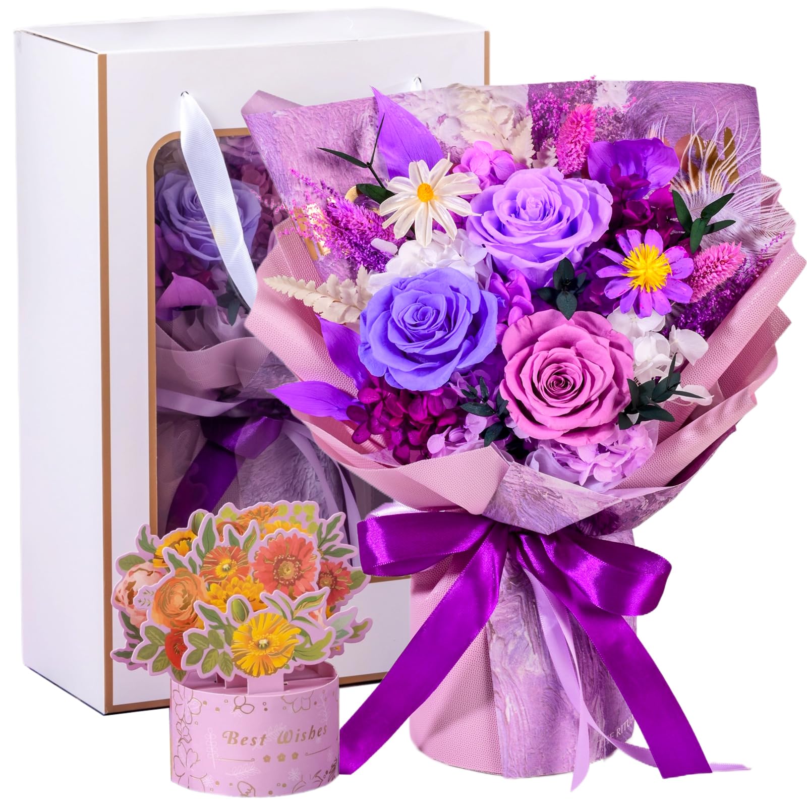 Eslibin Preserved Flower Bouquet for Mother's Day, Fresh Purple Flower for Delivery Prime. Hand Made Purple Fresh Bouquet with Pop Up Greeting Card, Gifts for Mom, Anniversary, Birthday