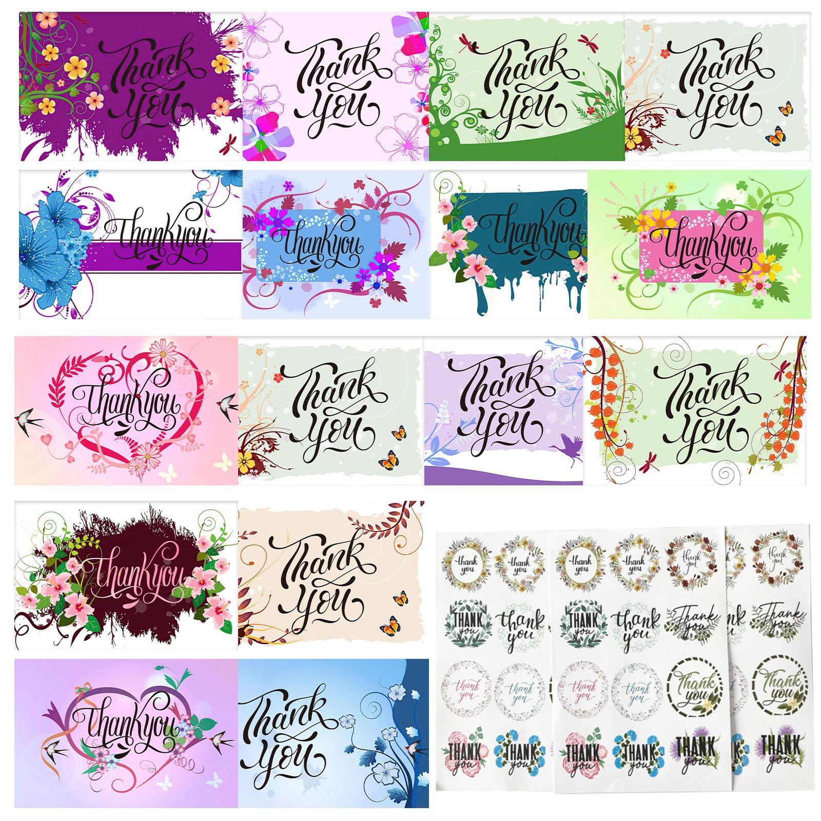 Eilyliafe 32 Thank You Cards with Envelopes Matching Stickers and Storage Box, 4 x 6 Inch Blank Thank You Greeting Cards Thank You Note for Graduation