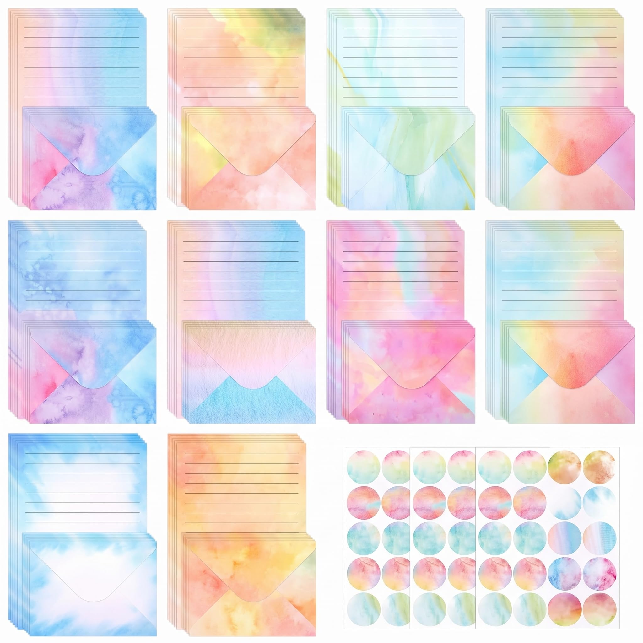 Hnycsir 160 Pcs Aesthetic Stationery Set, Lined Letter Writing Paper and Envelopes Set with Stickers (10 Designs), Creative Writing Kit for Penpals, Invitations & Greetings (Pastel Watercolor)