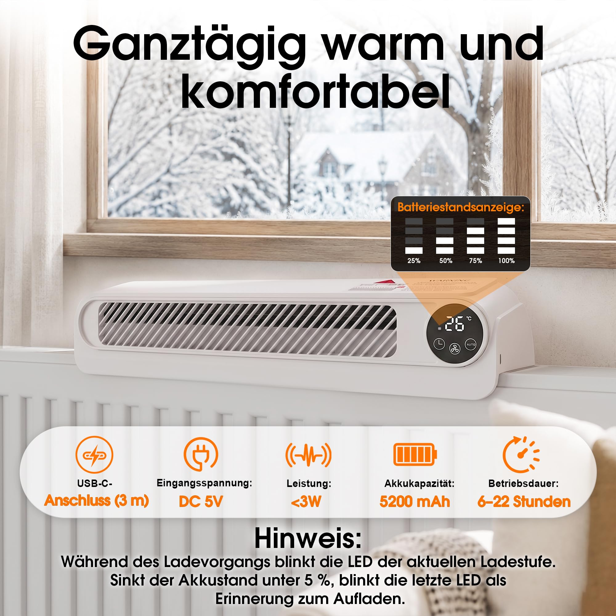 Heizkörperventilator, 4-Gang Heizkörperlüfter, Turbo, Leise, Auto-Modus