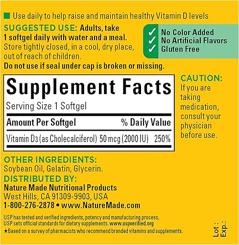 Miniatura 4 de Nature Made Vitamina D3 90 cápsulas blandas vitamina D 2000 IU 50 mcg ayuda a apoyar la salud inmunológica huesos y dientes fuertes y función