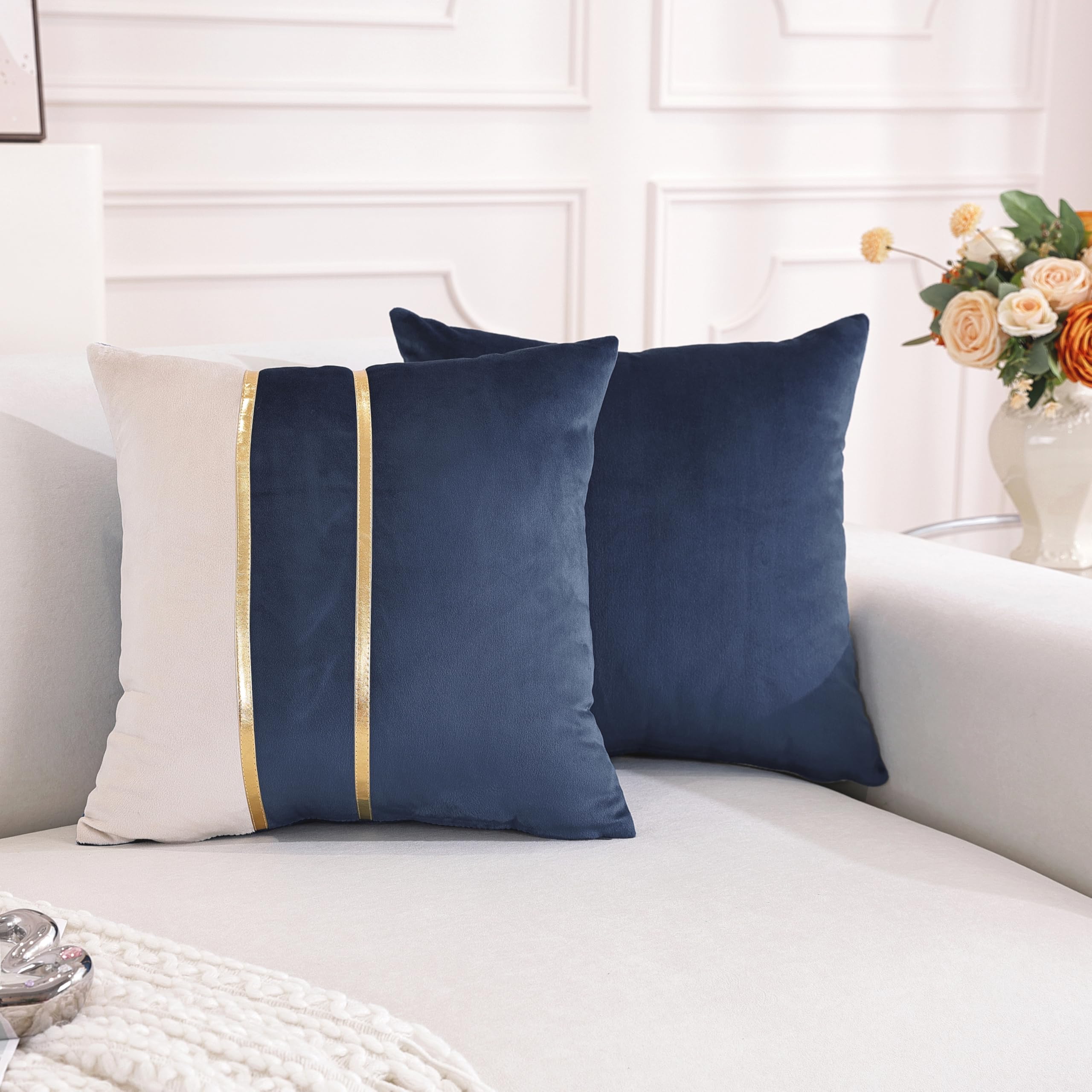 TAOSON Velvet Throw Pillow Covers,Pack of 2 Soft Decorative Cushion Covers Cases Navy Blue Beige Patchwork with Gold Leather for Sofa Bedroom Livingroom Car 18 x 18 Inch - Image 2