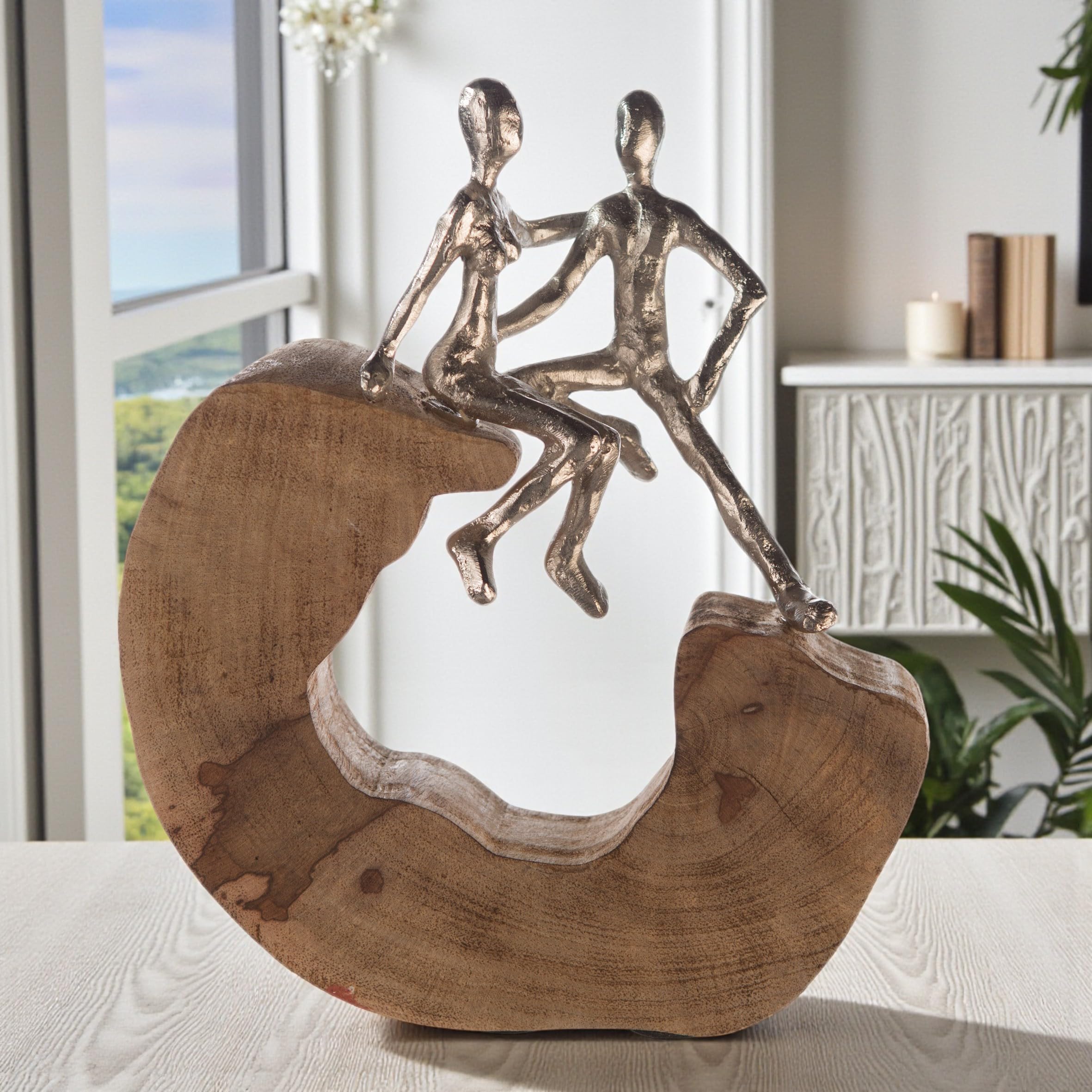 Casablanca Skulptur Secure, Deko Figur Naturfarben, Silber, Metall u. Mangoholz Statue Wohnzimmer, Büro Dekoration H. 27 cm x B. 25 cm - Geschenk Moderne Skulpturen, Couple Liebe Figur