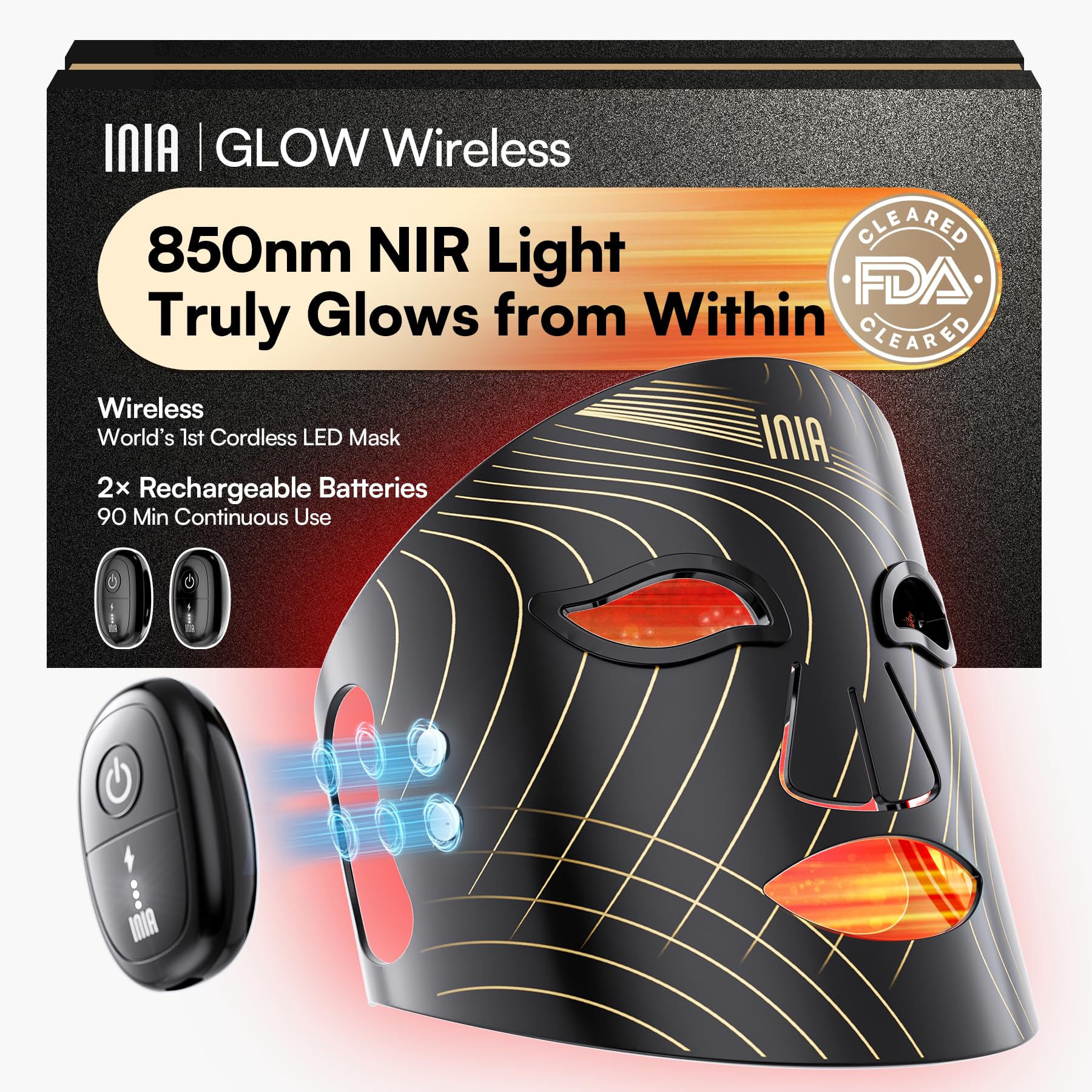 INIA Red Light Therapy Mask for Face, Glow Wireless LED Face Mask Light Therapy with Near-Infrared Red Light (NIR), Rechargeable and Ergonomic Design for Home & Travel