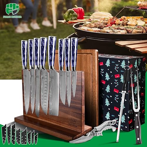 Miniatura 9 de FULLHI Juego de cuchillos de 13 piezas con soporte magnético para cuchillos, tablas de cortar, tijeras de cocina, tenedor de pavo y varilla de