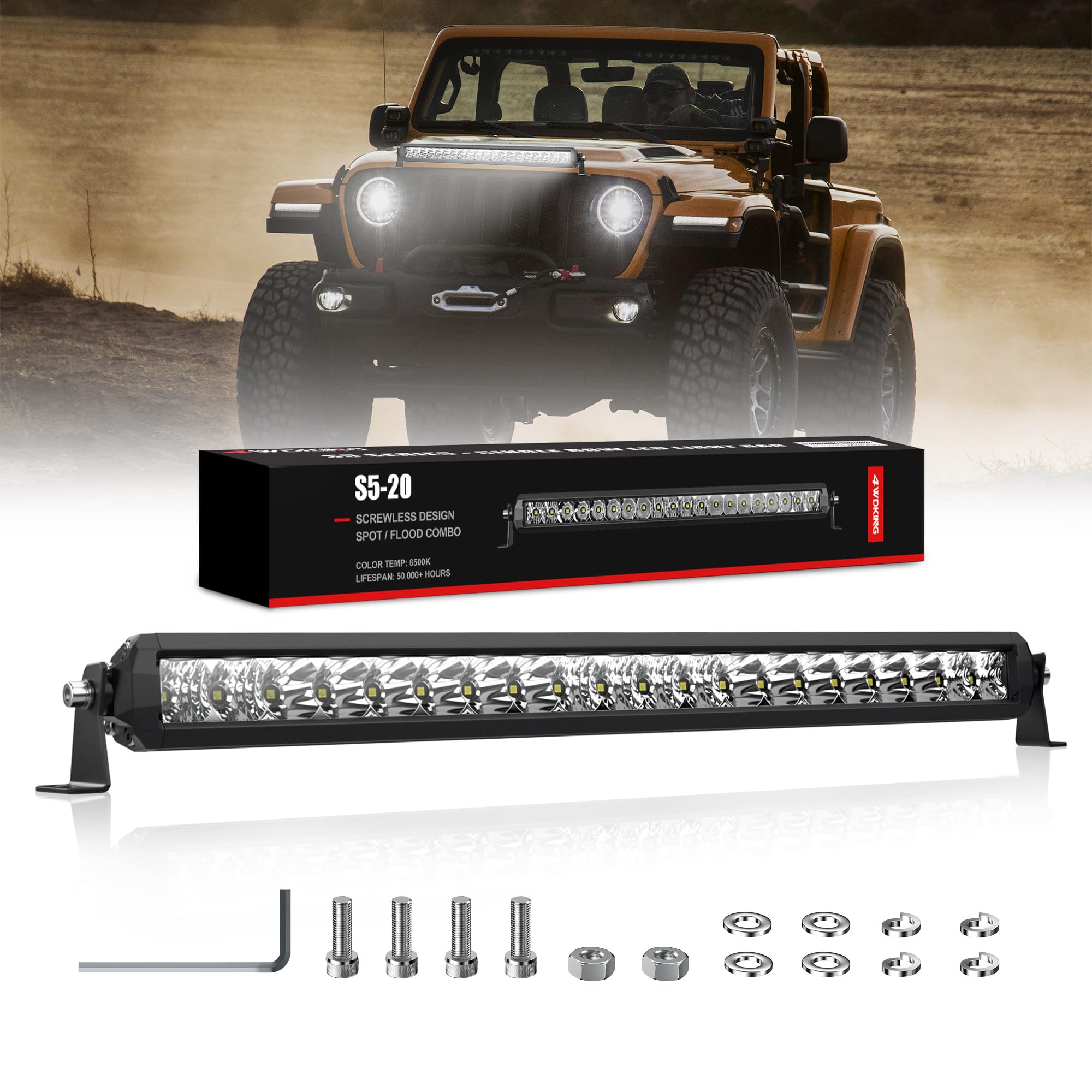 4WDKING LED Light Bar 22 inch, 100W Off Road LED Spot Flood Combo Work Light High Bright Truck Driving Fog Lamp IP69K Waterproof for Truck Cars ATV UTV Boat