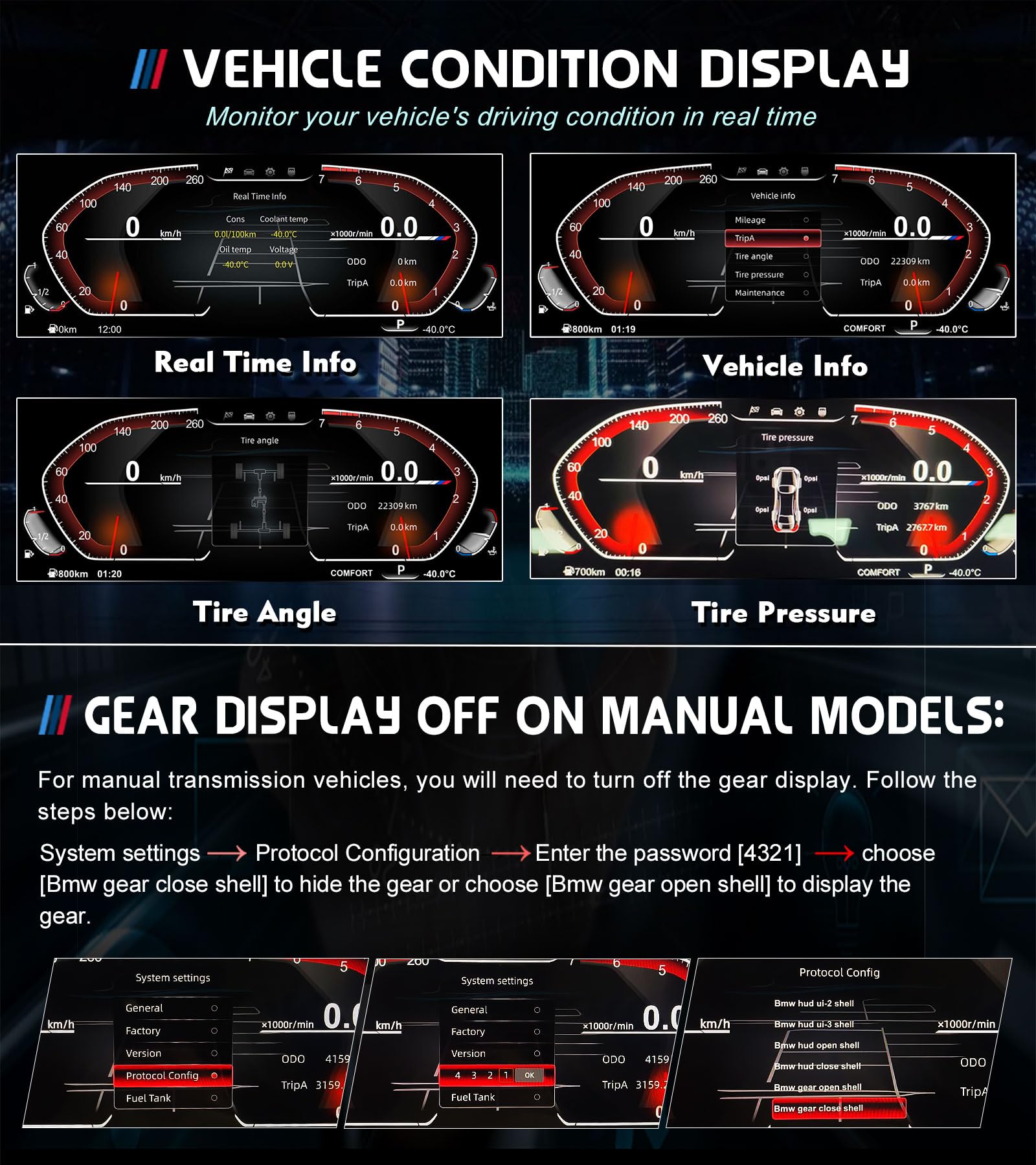 Panel de instrumentos digital con pantalla LCD HD de 12,3" para BMW Serie 5/6/7 F10 F01 F06 X3 X4 X5 X6, 5-UI, Plug & Play, control en el volante, Temperatura Aceite, Presión de los neumáticos