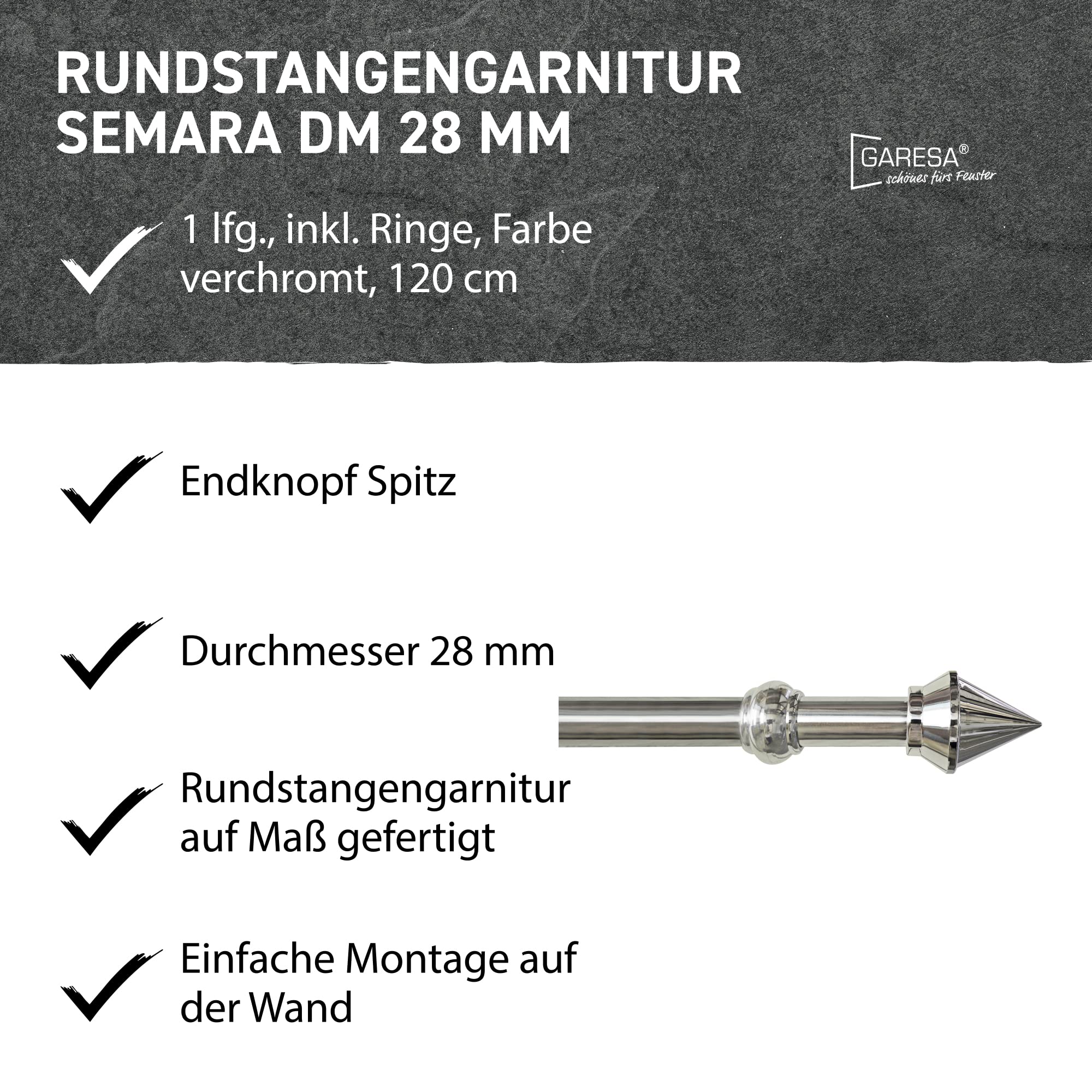 Garesa Gardinenstange Semara Ø 28mm, 1-läufig, Verchromt I Stabile Vorhangstange inkl. Ringe + Faltenlegehaken I Mit Endknopf Spitze I Wandmontage I 120cm