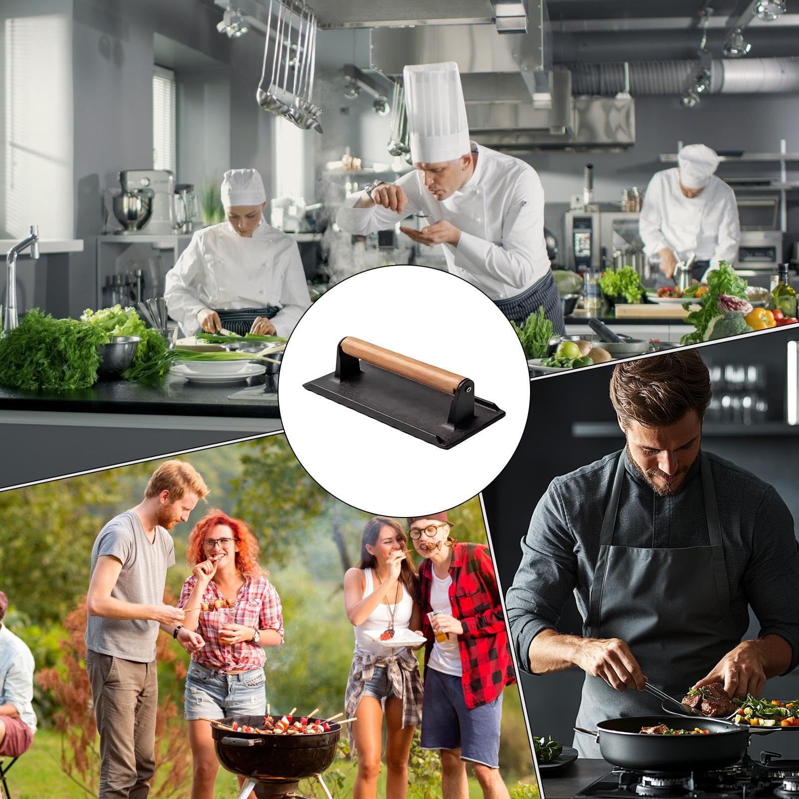 Pressa per bistecca con manico in legno, antiaderente, per barbecue all'aperto, campeggio, cucina di casa, frusta per hamburger perfettamente cotti