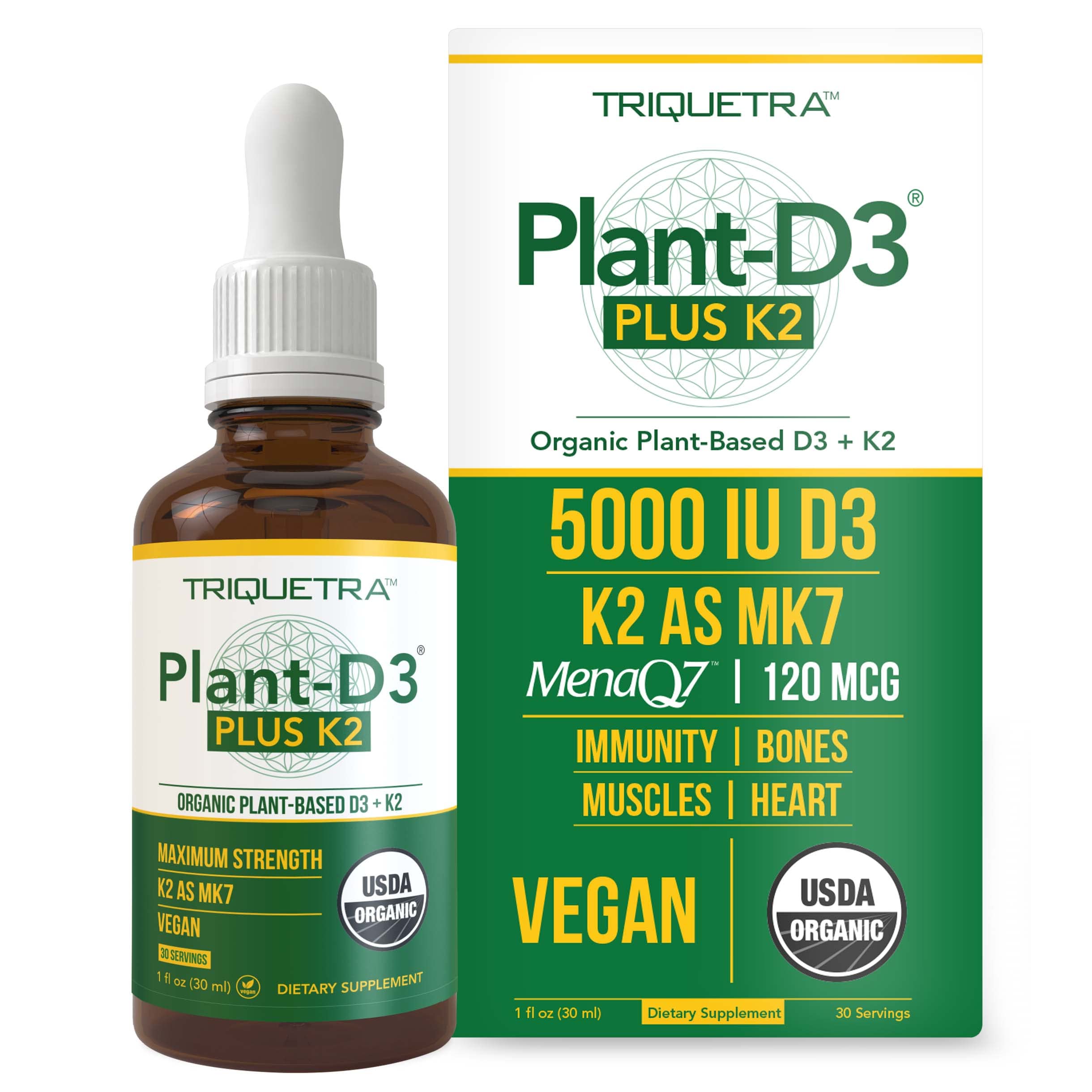 Organic Plant D3 + K2 (5000 iu D3) - All-Trans MK7 from MenaQ7 (120 mcg K2) - 100% Organic & Plant-Based Sublingual D3 Dro...