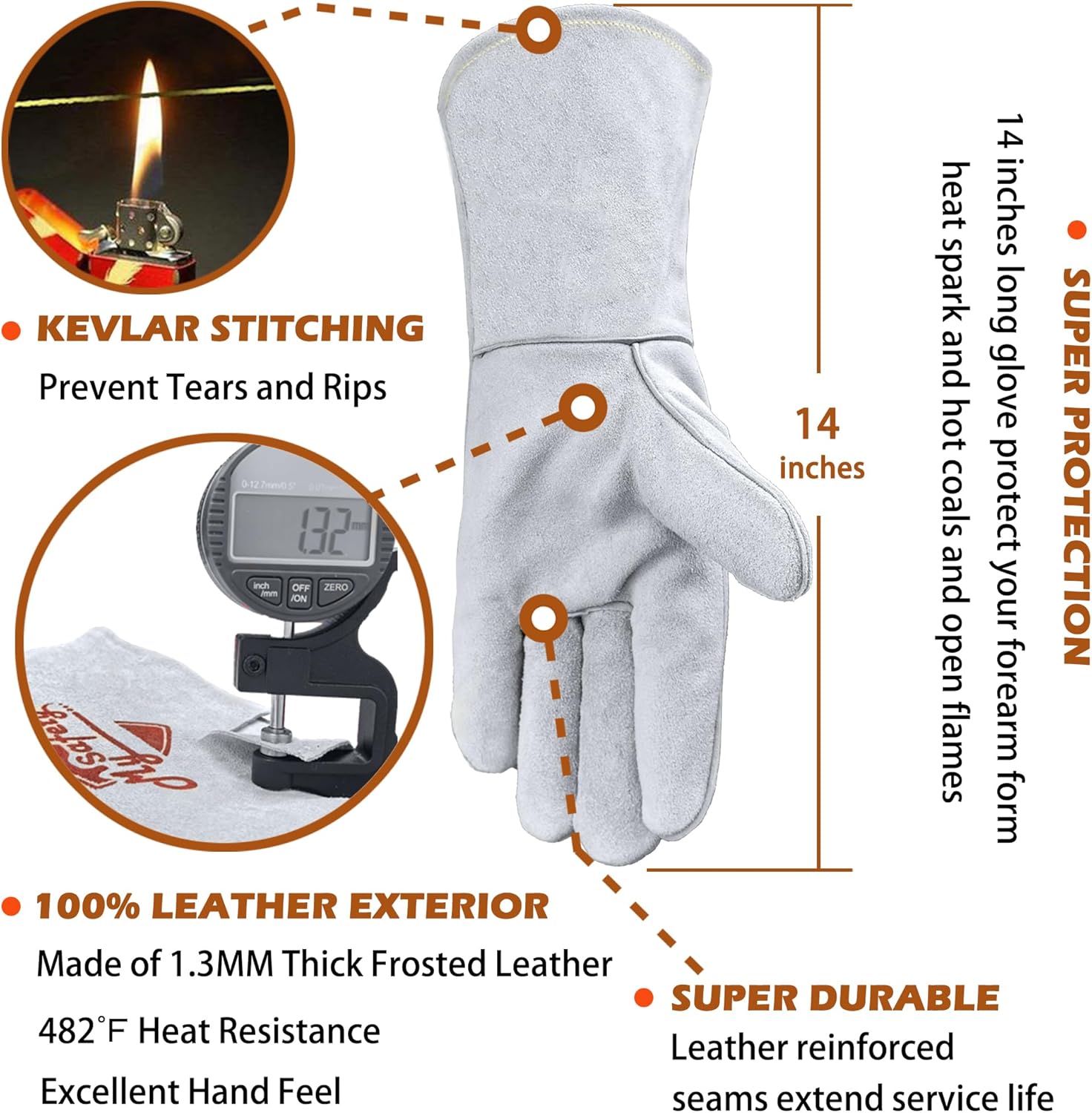Leather Welding Gloves for Men or Women, Fire and Heat Resistant gloves for Stick,Tig,Mig,Fireplace,BBQ,Oven,Grill,Wood Stove,Animal Handling Gloves,Bite Proof for Cat or Dogs,Welders Gifts - Image 2