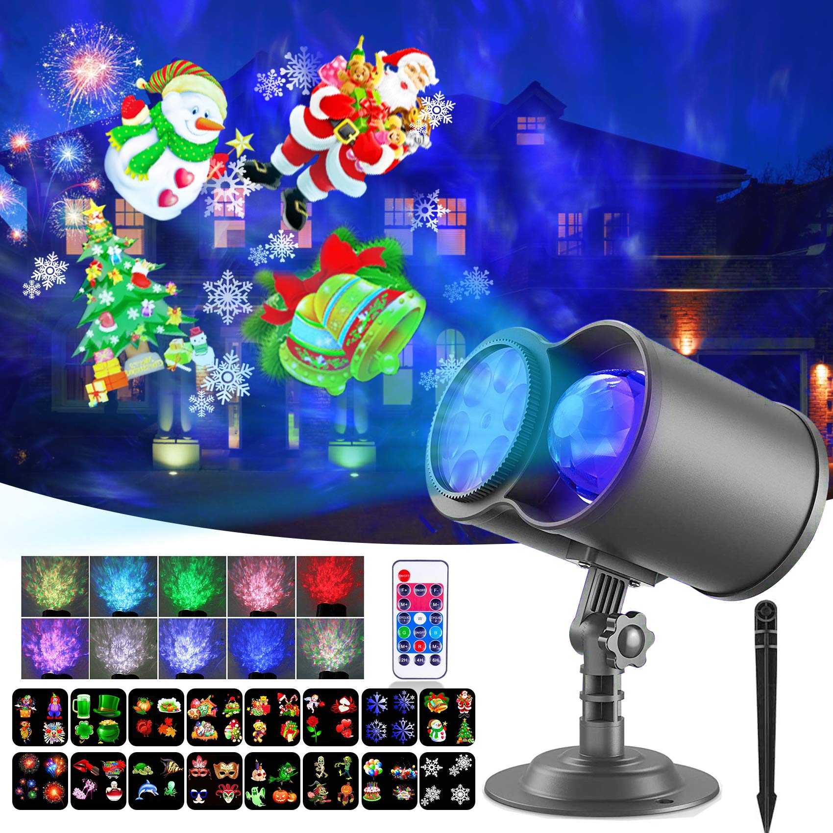 EXOKFA Christmas Projector Lights Outdoor, 3D Ocean Wave & 26 HD Slides, Waterproof, Remote, Timer, Landscape Lights for Indoor/Outdoor Decorations