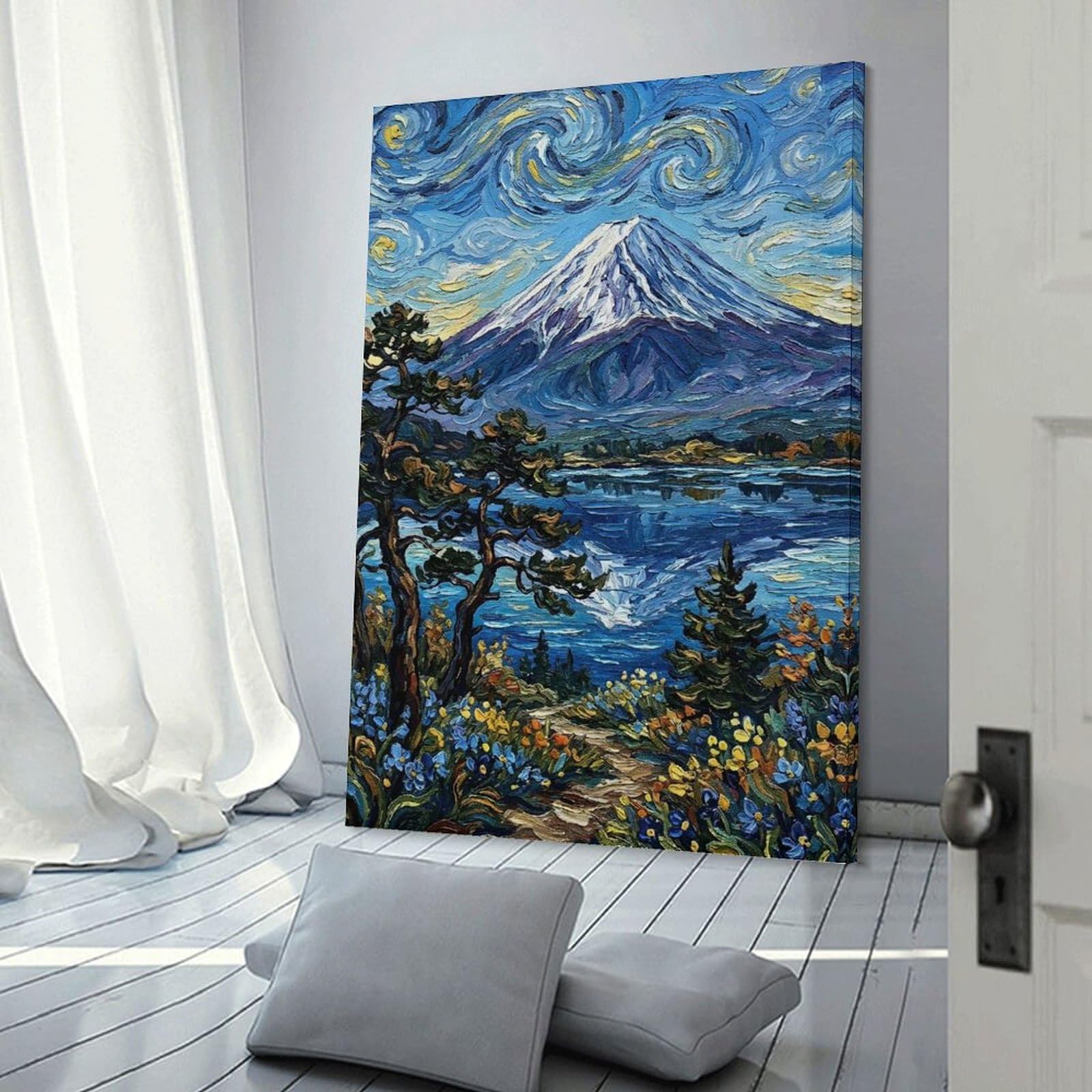 Junmoney Mount Fuji in Van Gogh Style Room Decor Wall Art 24x36inch(60x90cm), for Art Walls, Layered Displays Or Homes, Wall Decor Suited to Curated Displays