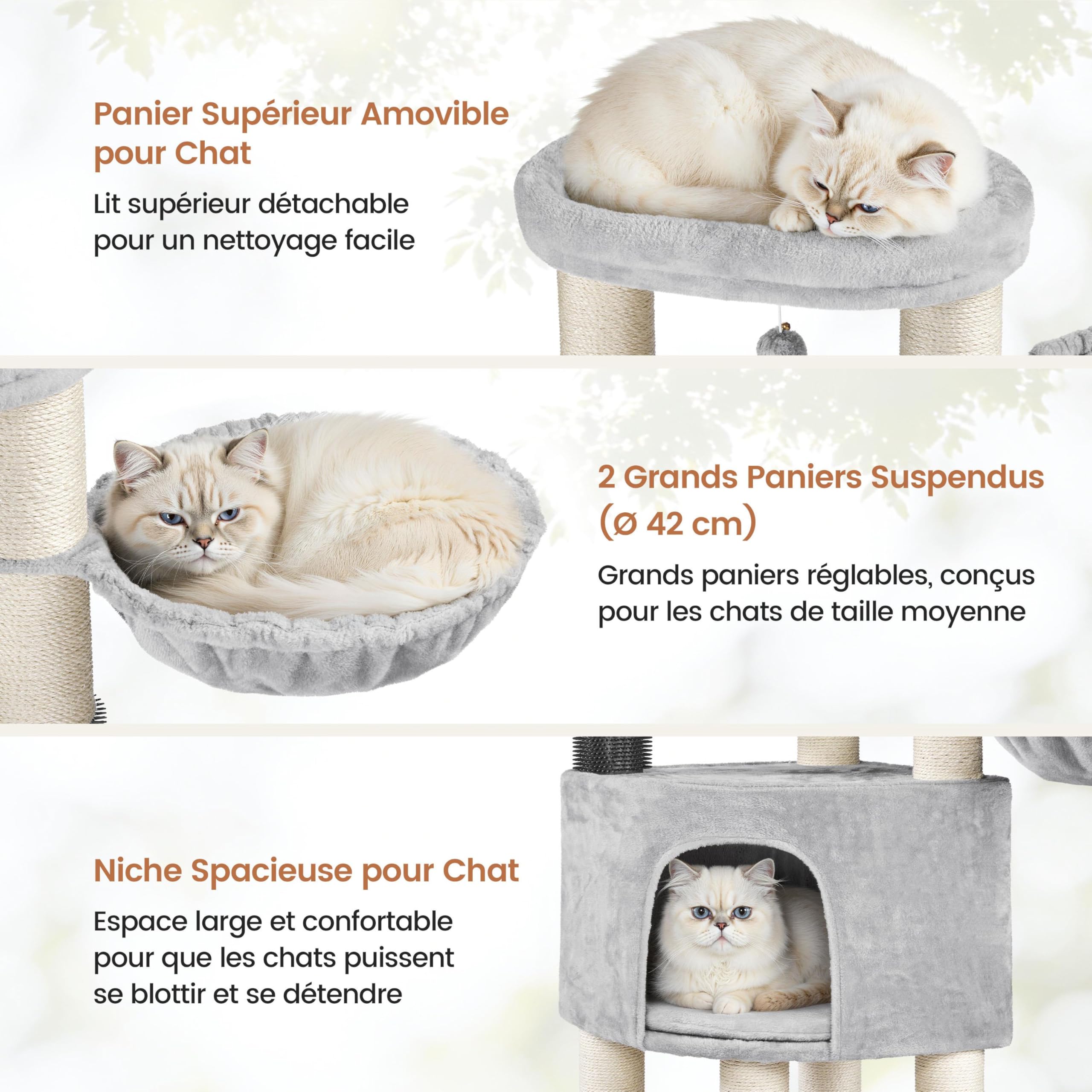 Abician Arbre à Chat XXL, Tour de Jeux pour Chat 25 KG, 56×56×160 cm, avec Griffoirs/Grande Niche/2 Panier/Perchoir/2 Jouets, Poteaux en Sisal 11 cm Ø Gris Clair/Beige