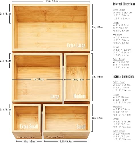 Miniatura 6 de Organizador de cajones de bambú y juego de almacenamiento, juego de 5 bandejas de almacenamiento, cajas de madera de varios tamaños para escritorio