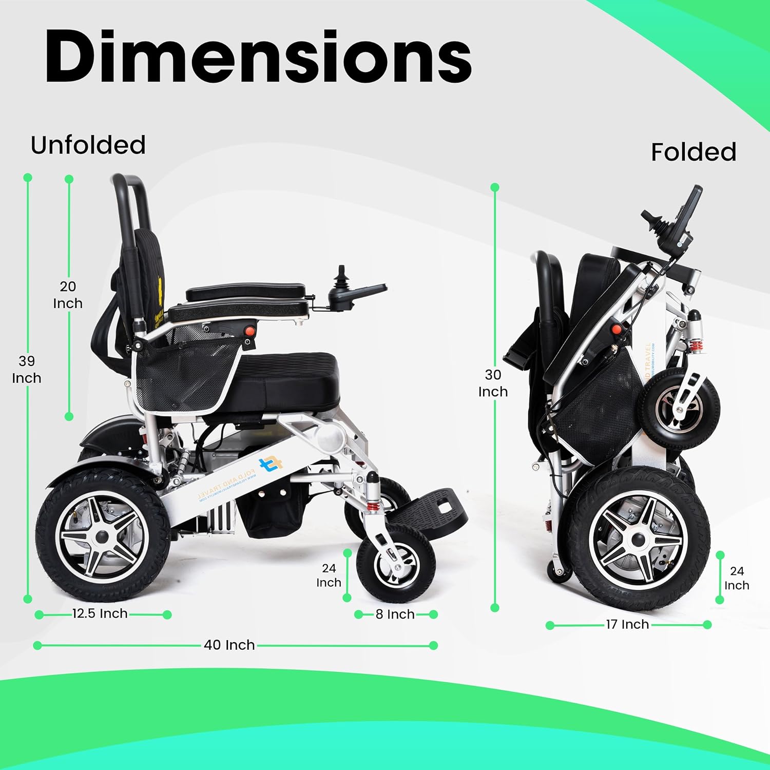 Diagram showing the unfolded and folded dimensions of the FOLD AND TRAVEL FT9000 electric wheelchair.