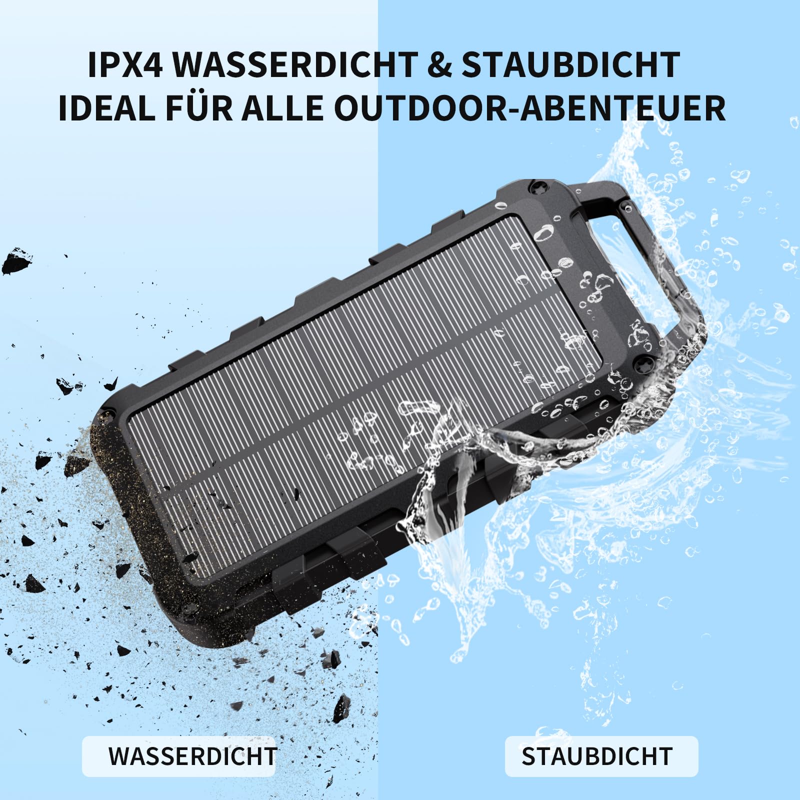 Solar Powerbank 10000mAh PD 22.5W Tragbares Solar Ladegerät USB C Outdoor Wasserdicht Externer Akku mit LED-Licht und 3 Ausgängen für Tablets Smartphones Outdoor Camping Schwarz