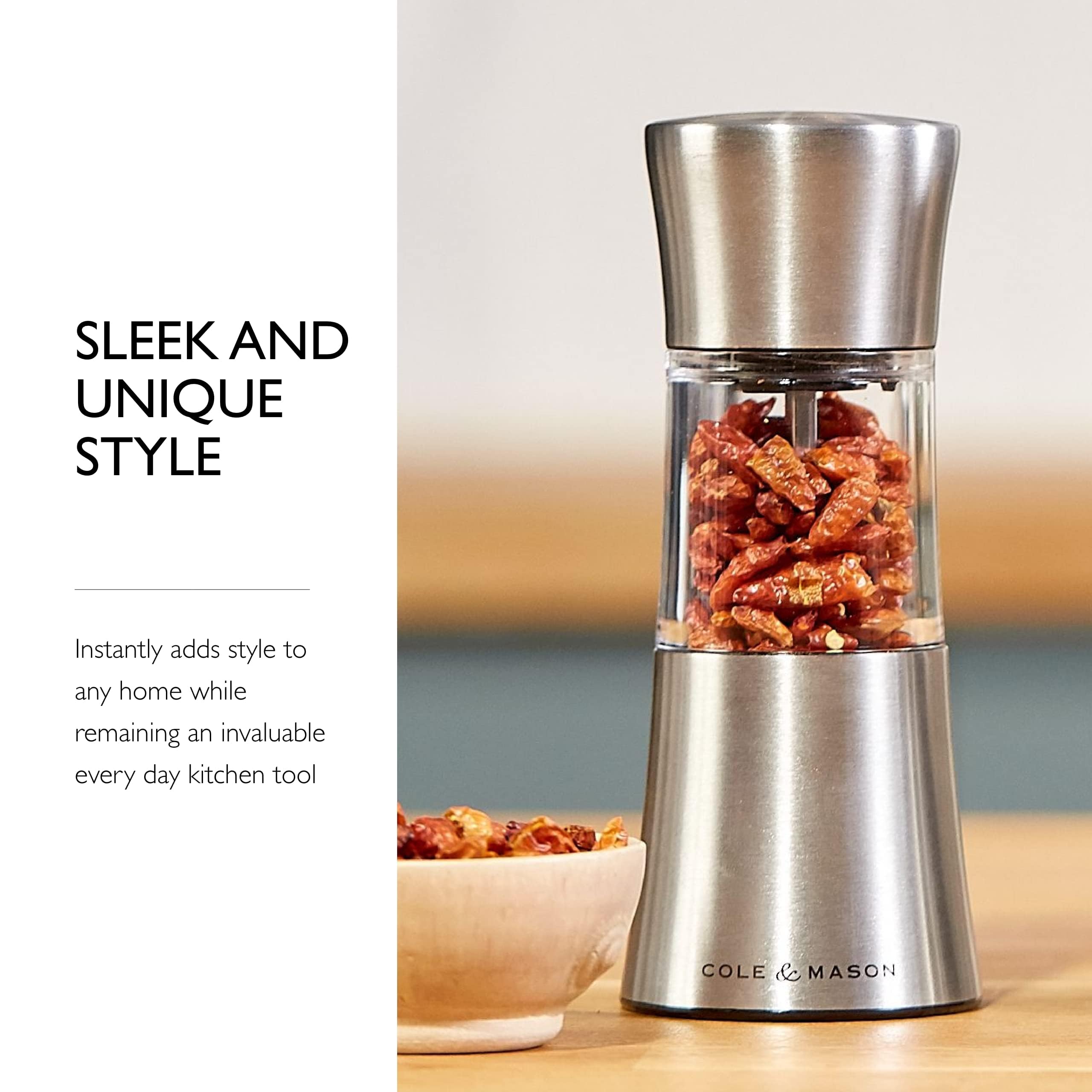 Cole & Mason H122220 Stadhampton Molinillo de Chiles y Especias, Molienda Ajustable, Acero Inossidabile/Acrilico, 165mm, Especias No Incluidas, Incluye 1 x Molino