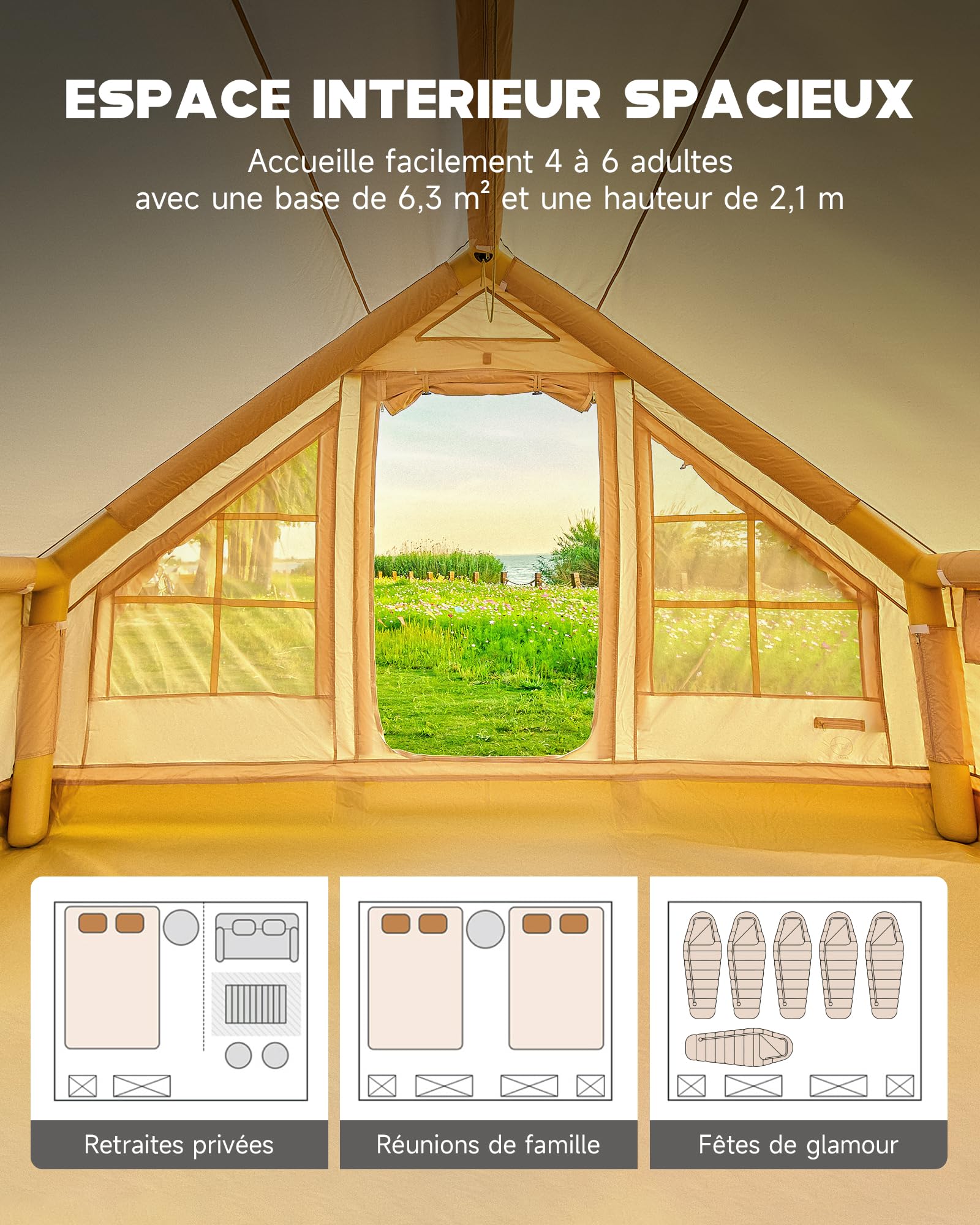 DARTMOOR Tente Gonflable 4-6 Personnes Tente de Camping Randonnéed Double Porte 4 Saisons Tissu Oxford Résistant au Vent Imperméable Extérieur Facile à Installer avec Pompe à Air et Sac de Transport