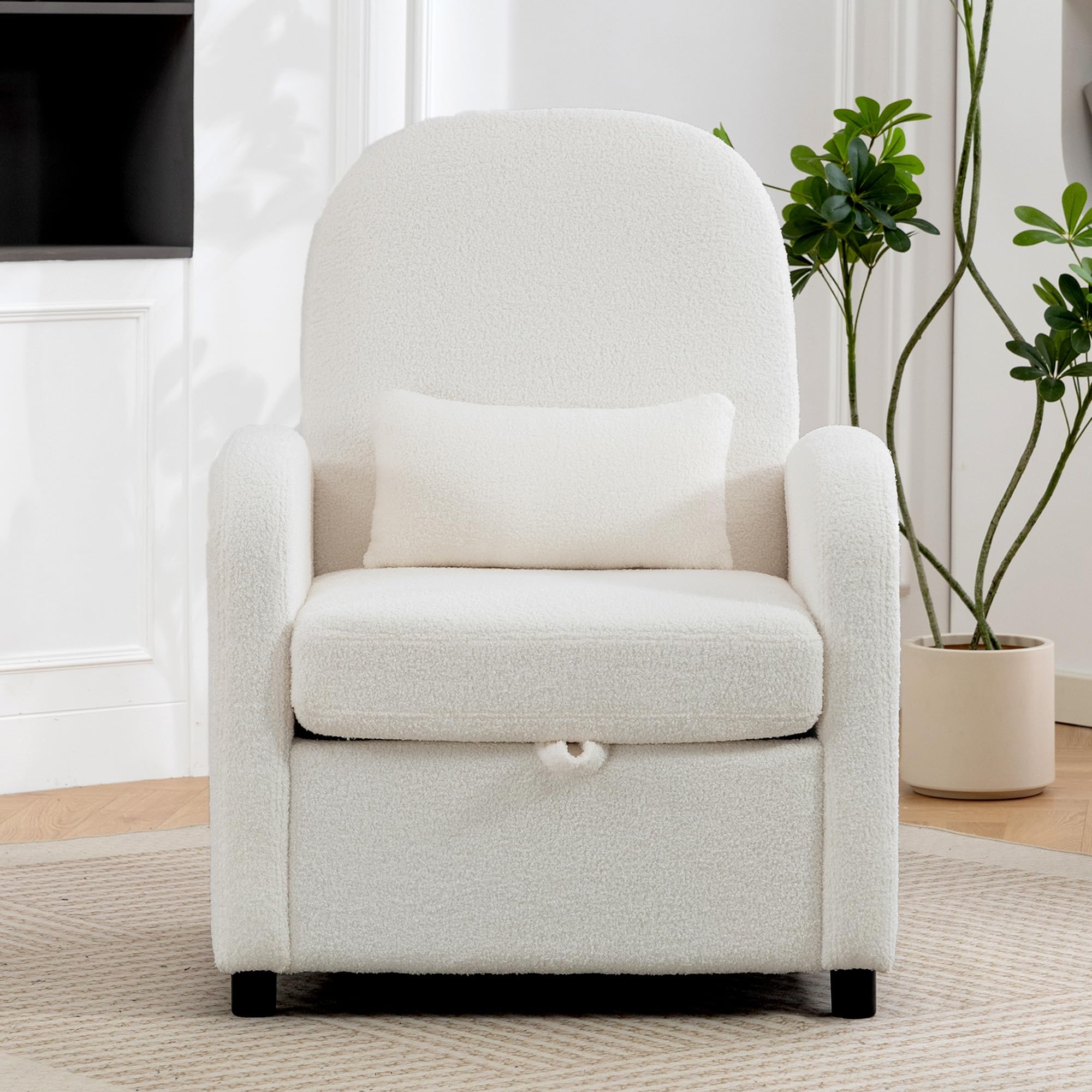 HOMCOM Poltrona Salotto Imbottita con Contenitore Nascosto, Schienale Alto, Poltroncina Moderna con Braccioli, Cuscino Lombare e Seduta Ampia, in Velluto Teddy, per Camera da Letto e Soggiorno, Crema