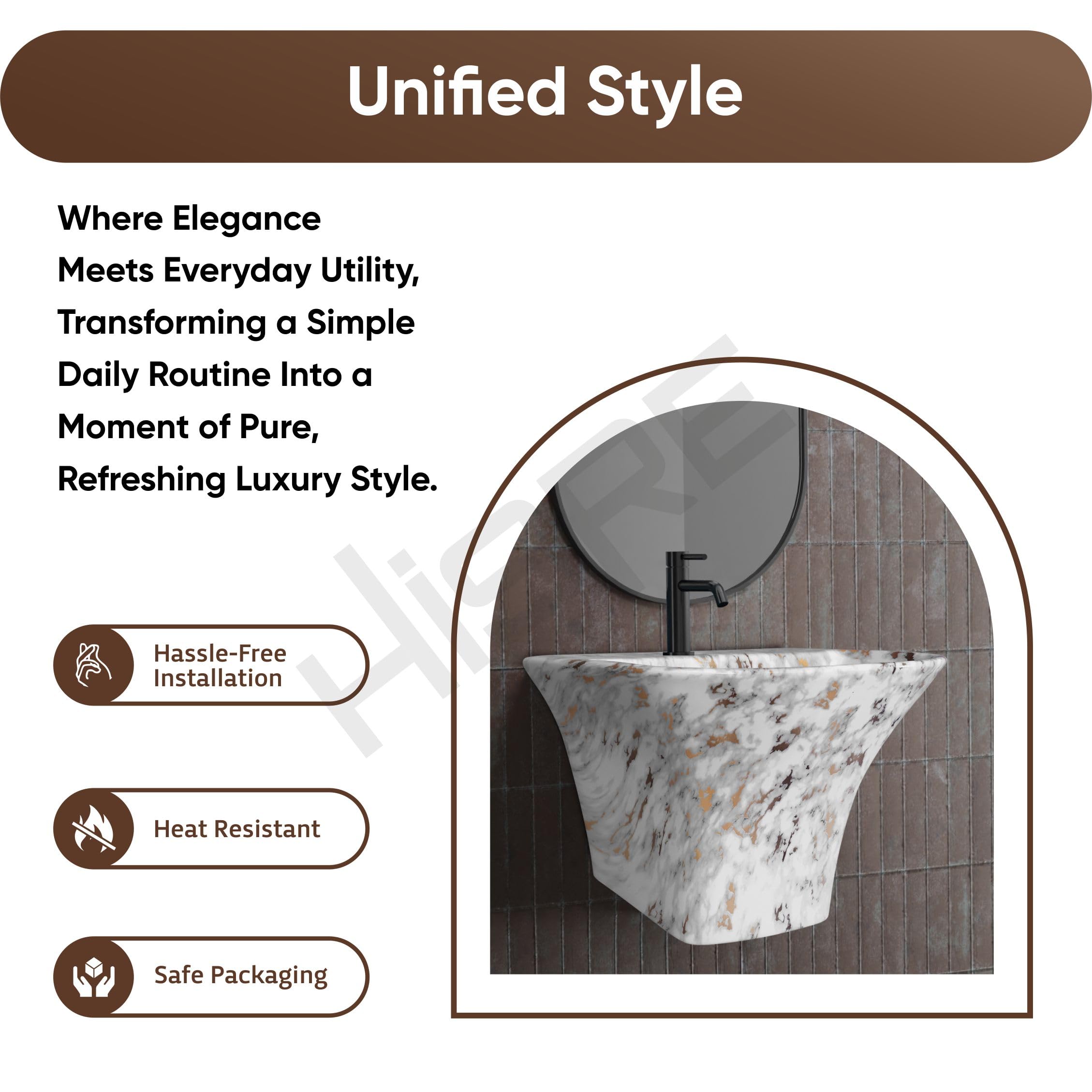 Hisre Modern Wall-Mounted Matte Ceramic Wash Basin with Curved Rectangular Design | Space-Saving Floating Bathroom Sink for Contemporary Interiors (White 1001), photo 5 of 5