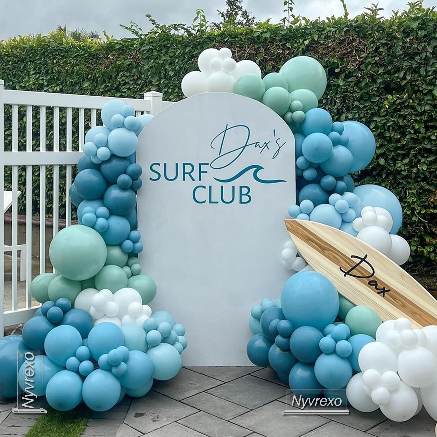 Photo 1 of 141Pcs The Big One Balloon Arch Garland Kit, Dusty Blue Pastel Green White Balloons for Surfs Up First Ride the Wave Ocean Beach Pool Birthday Party Decoration