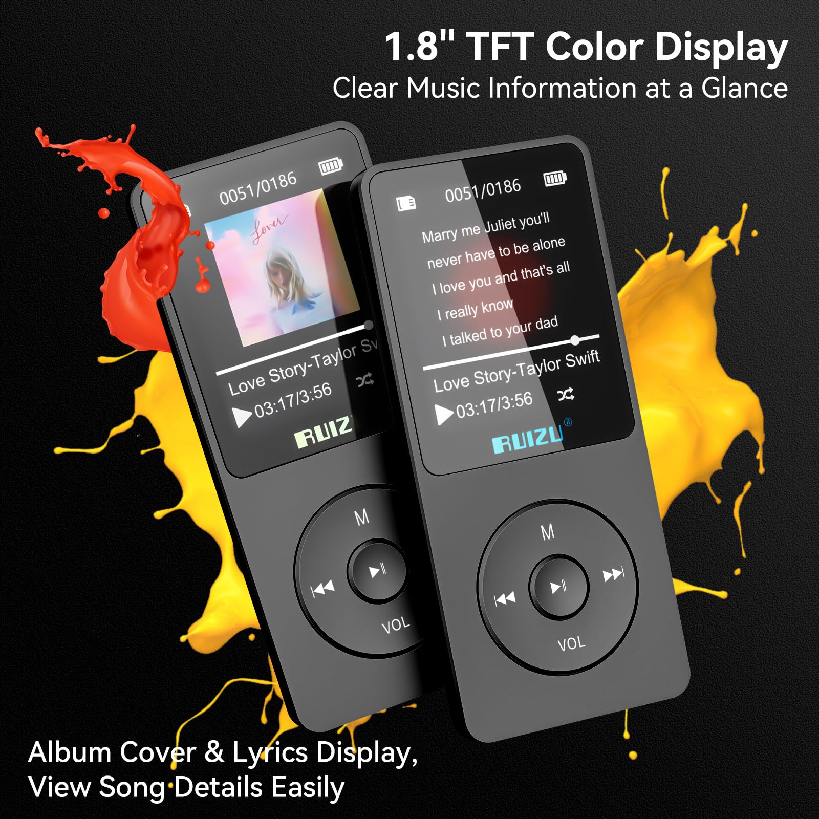 RUIZU Lettore MP3 64GB Bluetooth 5.3 Portatile con Tasti Fisici | Solo 30g, display da 1,8", fino a 80 ore di riproduzione, memoria espandibile MicroSD fino a 128GB.