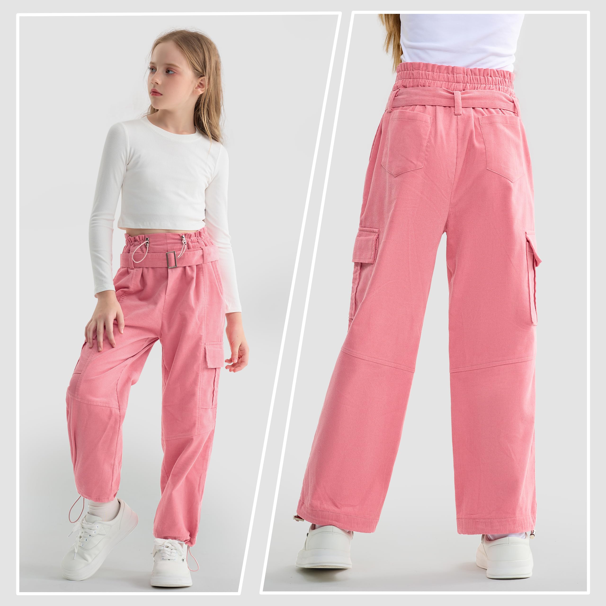 Pantalones de Carga para Niñas con Cinturón Ajustable Elástico de Cintura Alta Corduroy Joggers Niños Hip Hop Danza