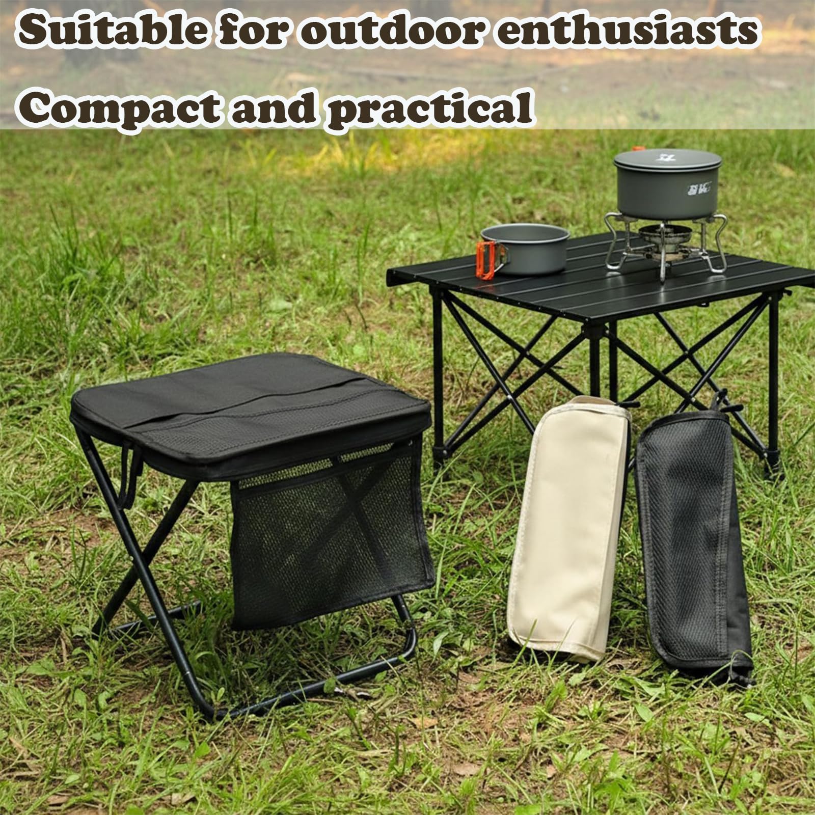 HUIZHOU Sgabello Pieghevole Portatile da Campeggio, Sedia Esterna Compatta e Leggera con Borsa e Cerniera, Robusta e Stabile, Ideale per Pesca, Escursionismo, Viaggi e Attività Outdoor (Nero)