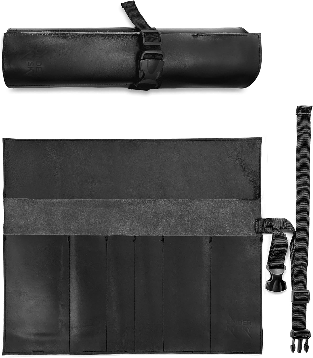 Under NY Sky Genuine Leather Knife Roll Case - 6 Slots - Real Leather Pouch - Portable Bag for Cooking Tools, Utensils, Cutlery Knives, Brushes - Chefs, Kitchen, Travel, Gift - Black