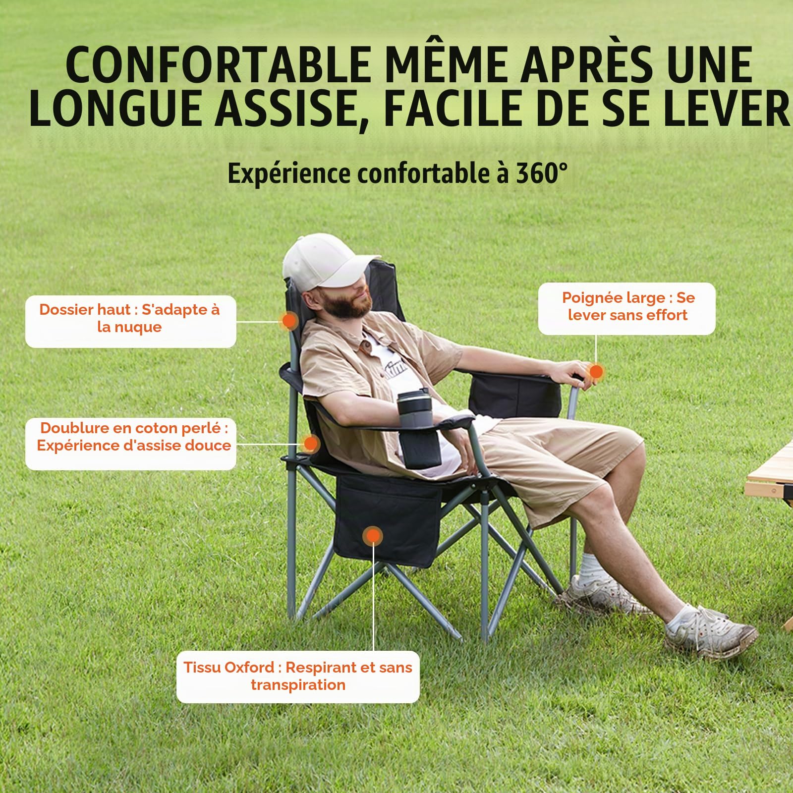 VEVOR Chaise de Camping Pliante en Plein Air 98x63x99 cm Chaise de Pêche Extérieur en INOX Charge 158 kg Siège Pliant Portable Léger avec Porte-Gobelet 3 Sacs de Rangement pour Pique-Nique Randonnée