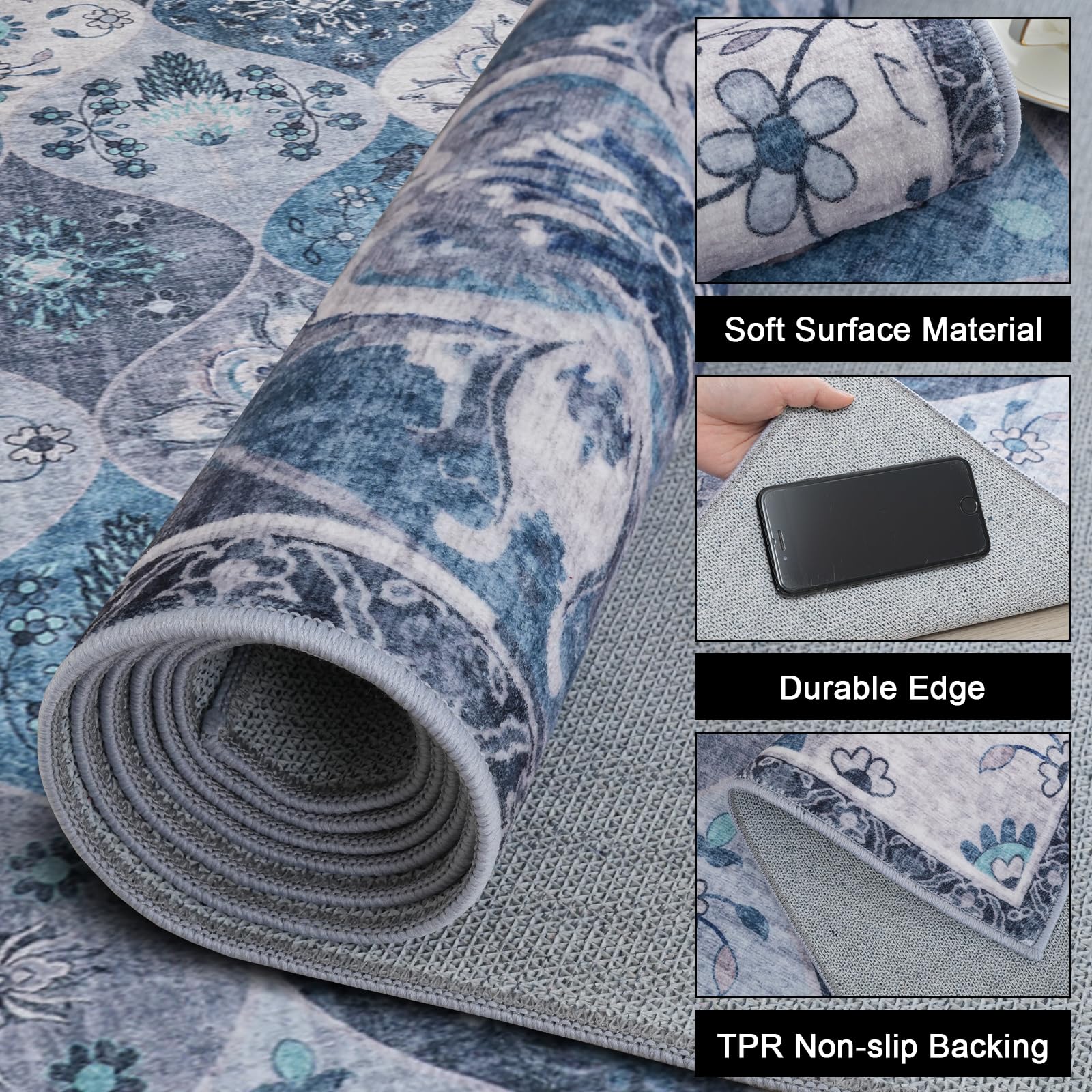 Xfrog Tapis marocain à motif treillis lavable pour salon, chambre d'enfant, chambre à coucher, bureau - Motif floral rétro - Antidérapant - 200 x 300 cm