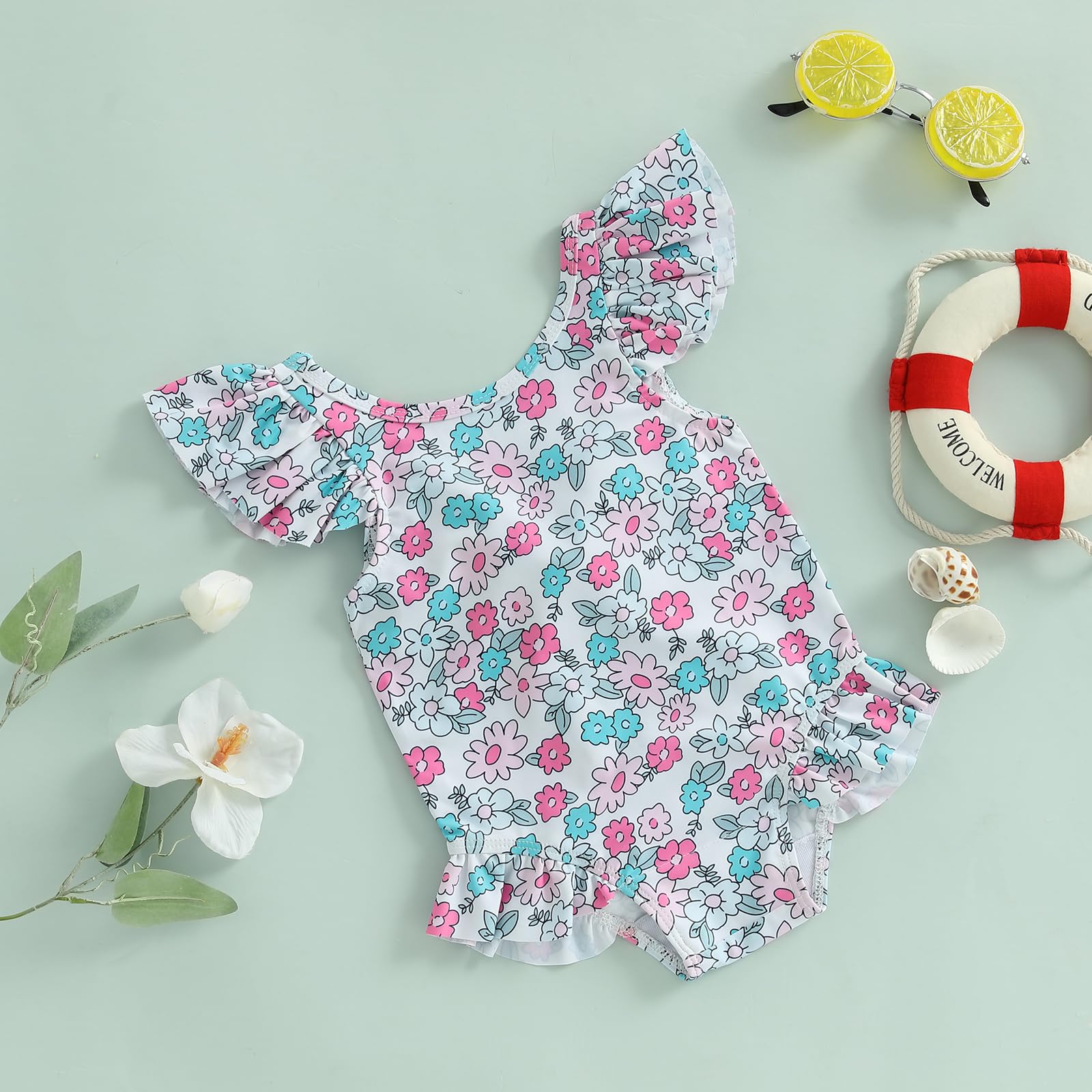LIOMENGZI Toddler Baby Girl Swimsuit Flying Sleeve Swimsuit Floral Print Romper Infant Baby Girl One Pieces Bathing Suit (Pink, 12-18 Months)