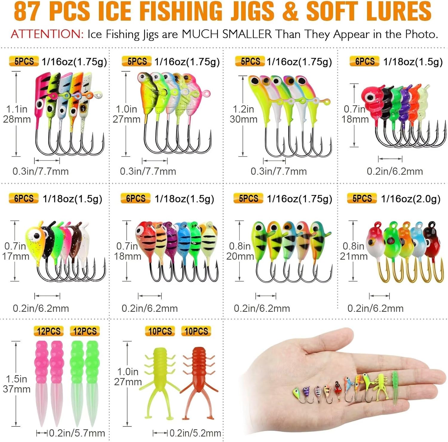 Dovesun Ice Fishing Jigs Kit Ice Fishing Lures Glow in The Dark Fishing Gear Lures 20-93Pcs Jig Head with Tackle Box for Panfish Walleye Crappie Perch Bluegil Trout