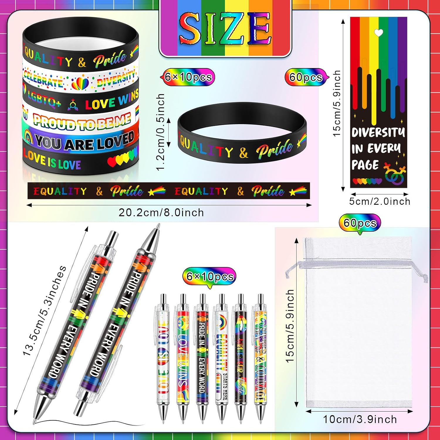 Sayglossy 60 Sets Gay Pride Gifts Bulk Rainbow Silicone Bracelets with Bookmarks and Love is Love Pens for LGBTQ Lesbian Support Party Favor Parade Events Accessories