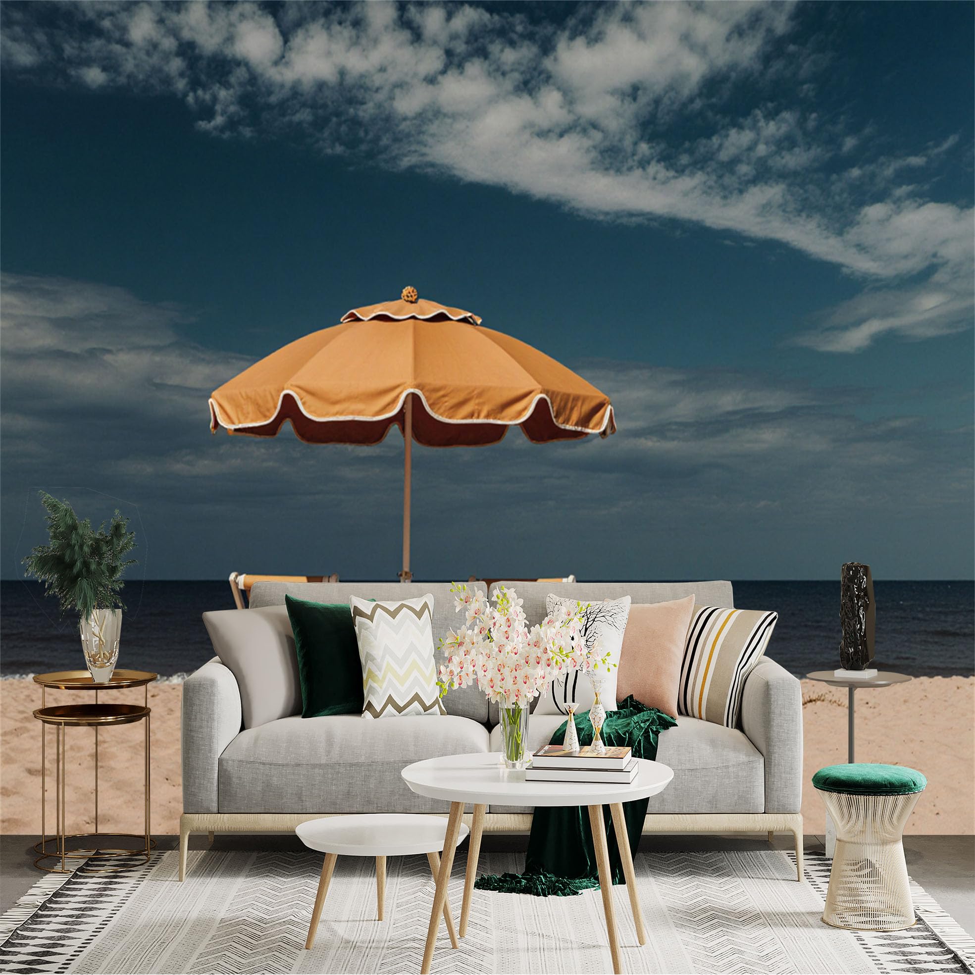 Custom Size Wall Sticker Mural， Beach Scene with Umbrella， Ocean Horizon and Sandy Shore， for wall Decoration， peelandstick wall Decals.