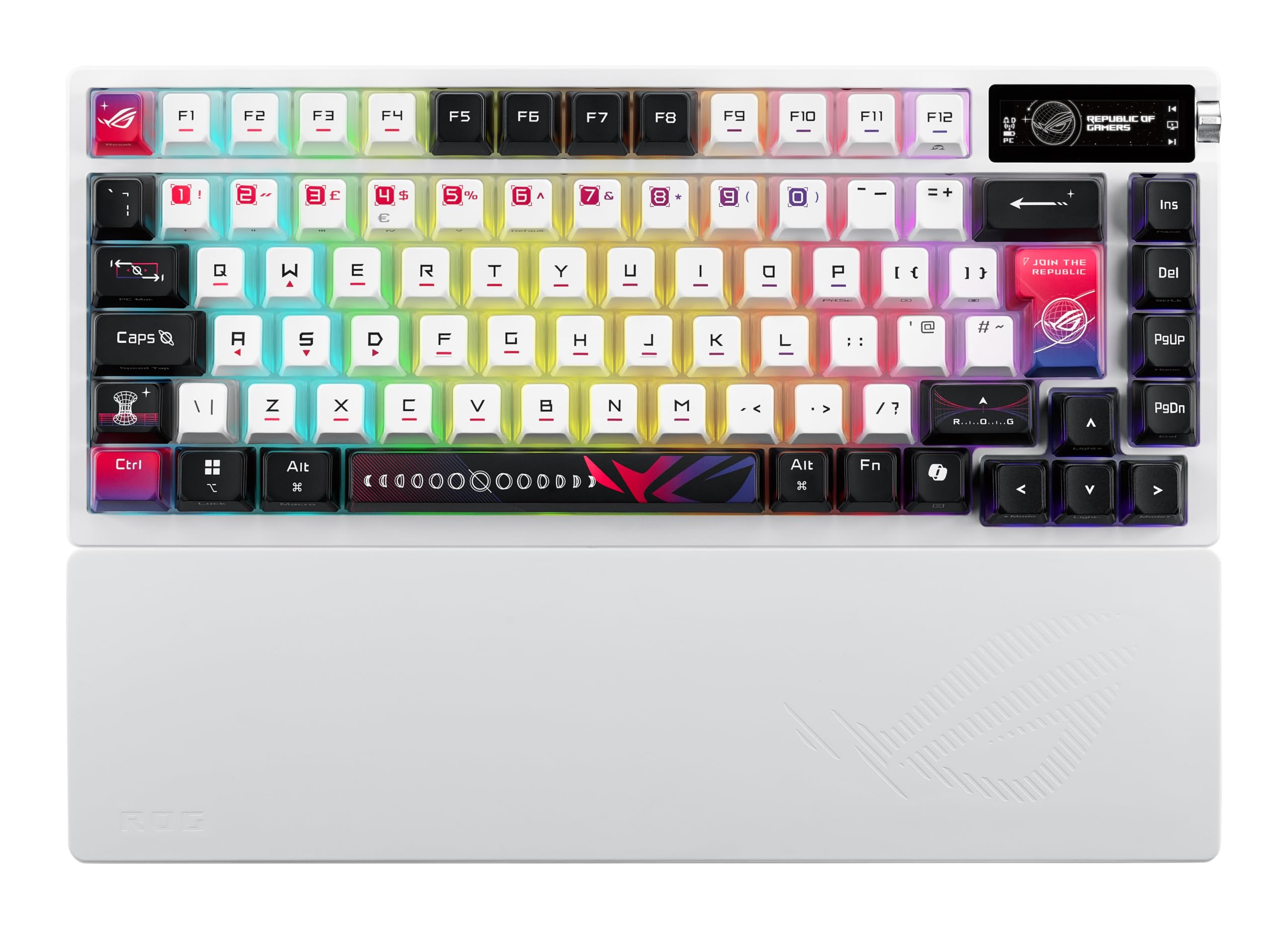 ASUS ROG Azoth X – Clavier Gaming Mécanique sans Fil 75% AZERTY – Switch ROG NX V2 Hot-Swap, OLED, RGB, Bluetooth/2.4GHz/USB – Blanc avec Repose-Poignets