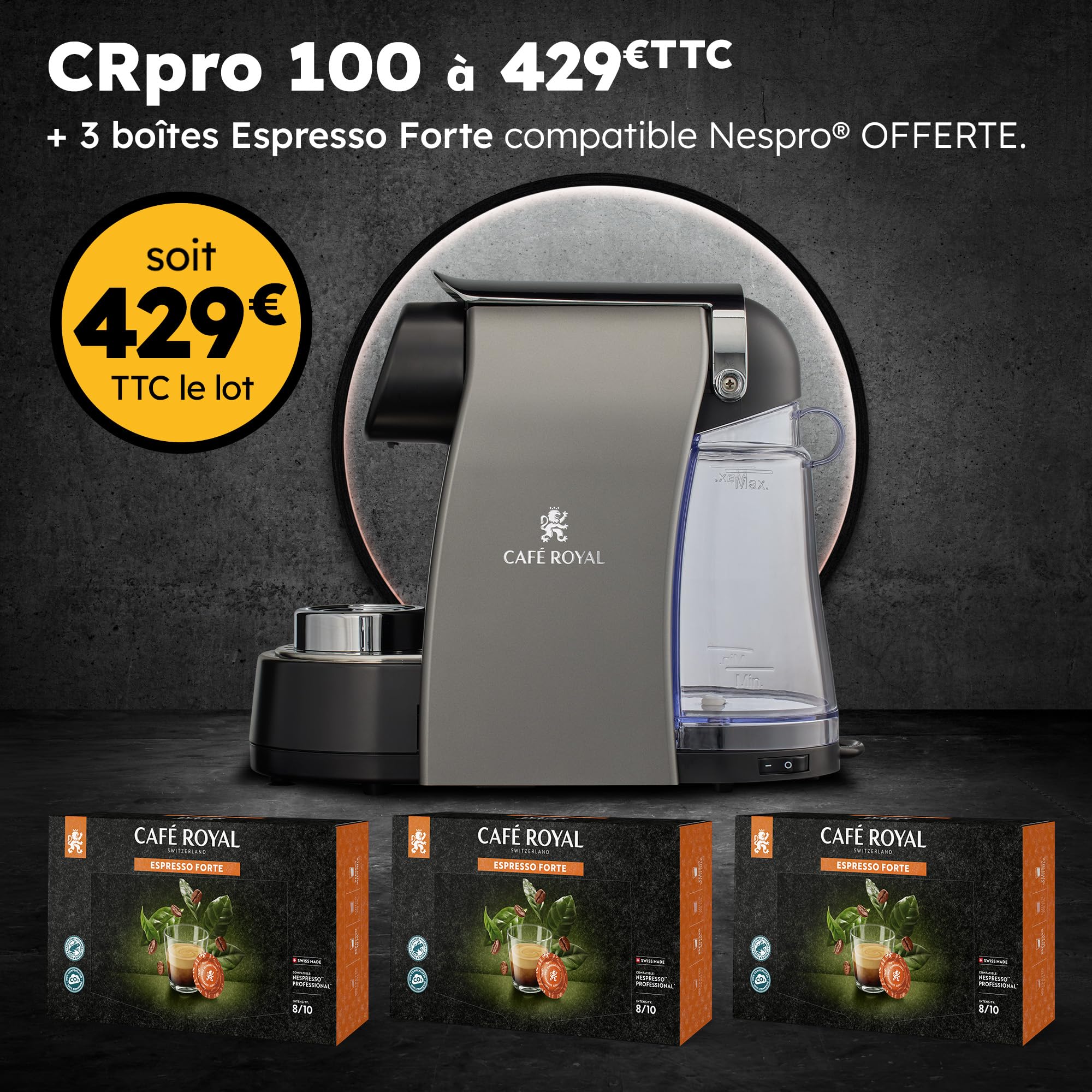 Machine à Café CRpro 100 compatible avec les Capsules de café Nespresso®* Professional + 3 Boites Espresso Forte soit 150 Dosettes Pro