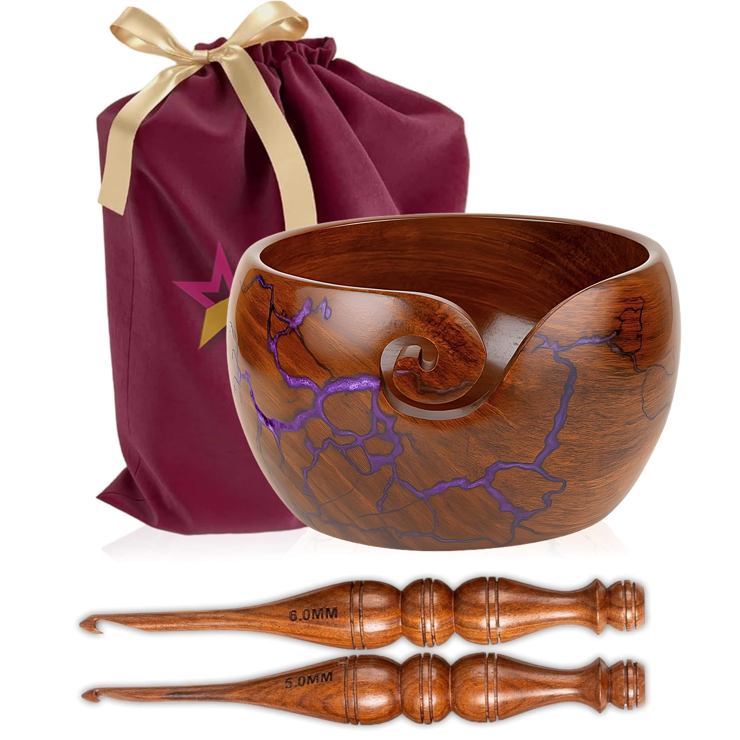 Wooden Yarn Bowl for Crocheting, 7x4 inch Large Crochet Holder Gift Accessories and Knitting Gadgets Supplies Handcrafted with Fractal Wood Burning &amp; Purple Resin Inlay ( Purple 7x4 )